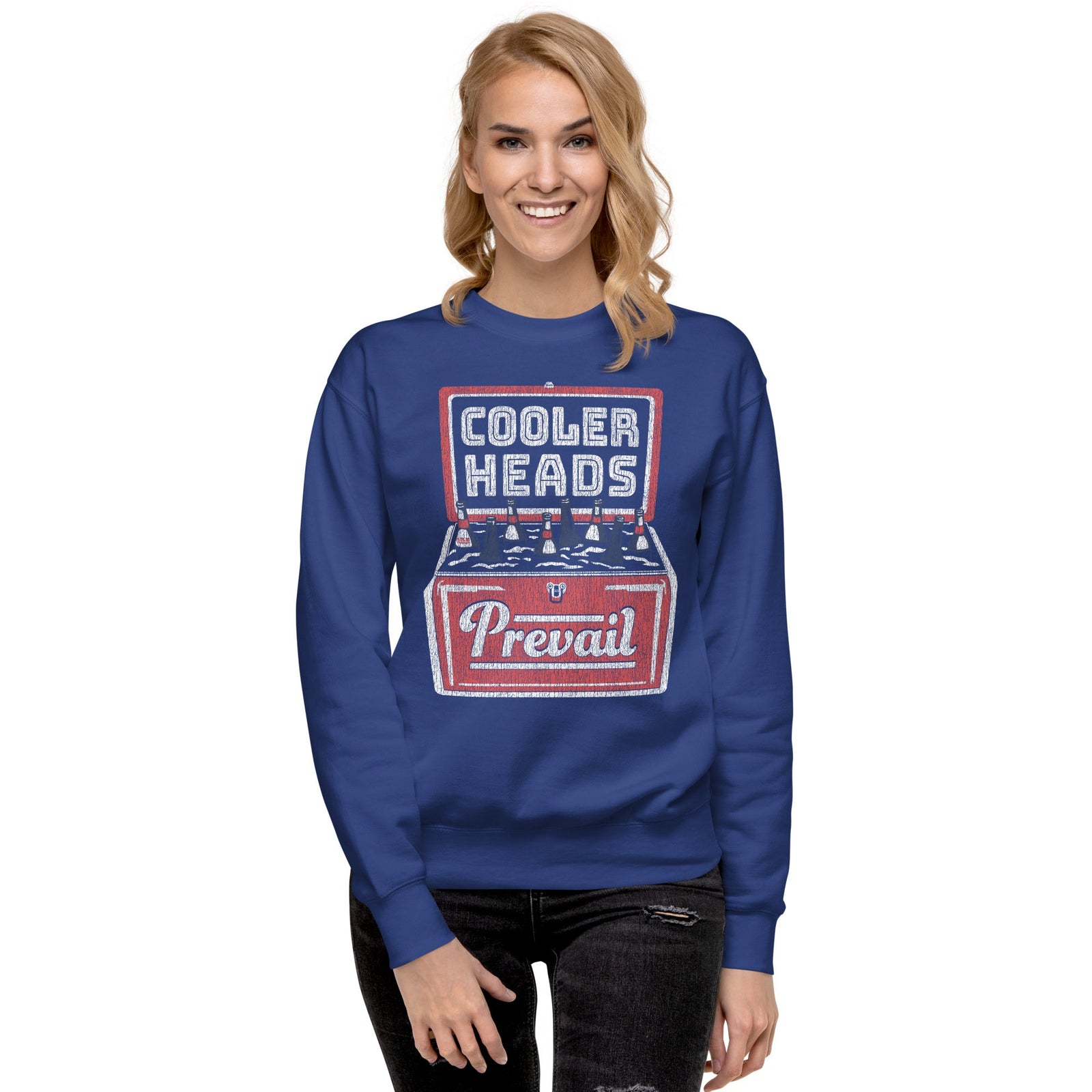 Cooler Heads Vintage Classic Sweatshirt | Funny Drinking Fleece on Model | Solid Threads
