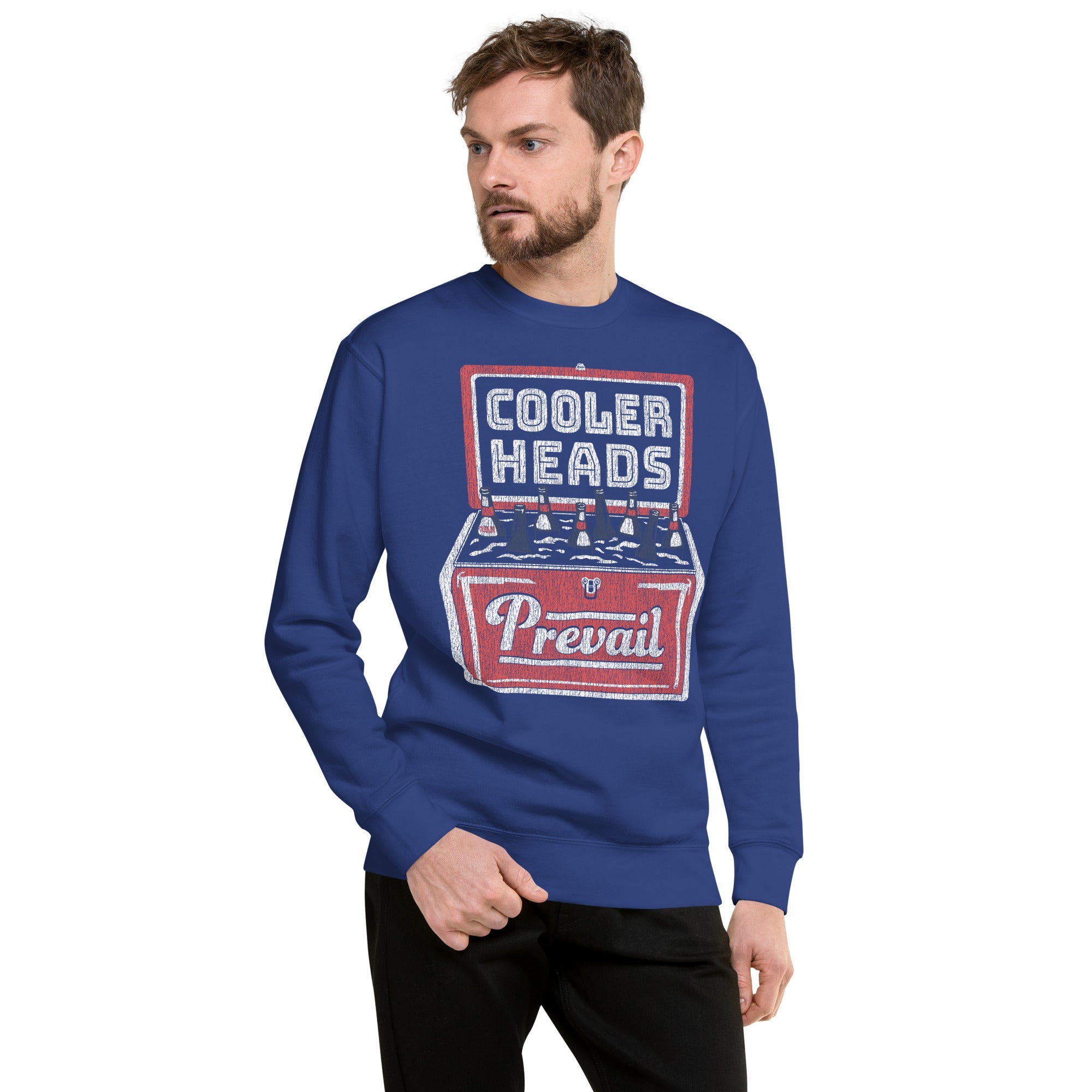 Cooler Heads Vintage Classic Sweatshirt | Funny Drinking Fleece on Model | Solid Threads