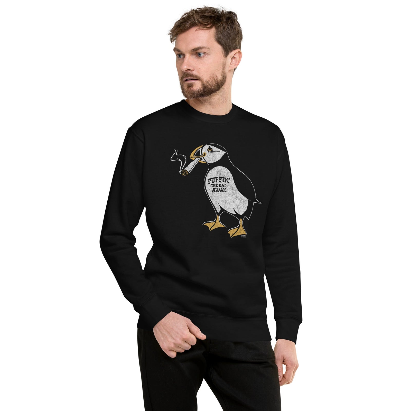Men's Puffin Away Vintage Classic Sweatshirt | Funny Marijuana Fleece On Model | Solid Threads