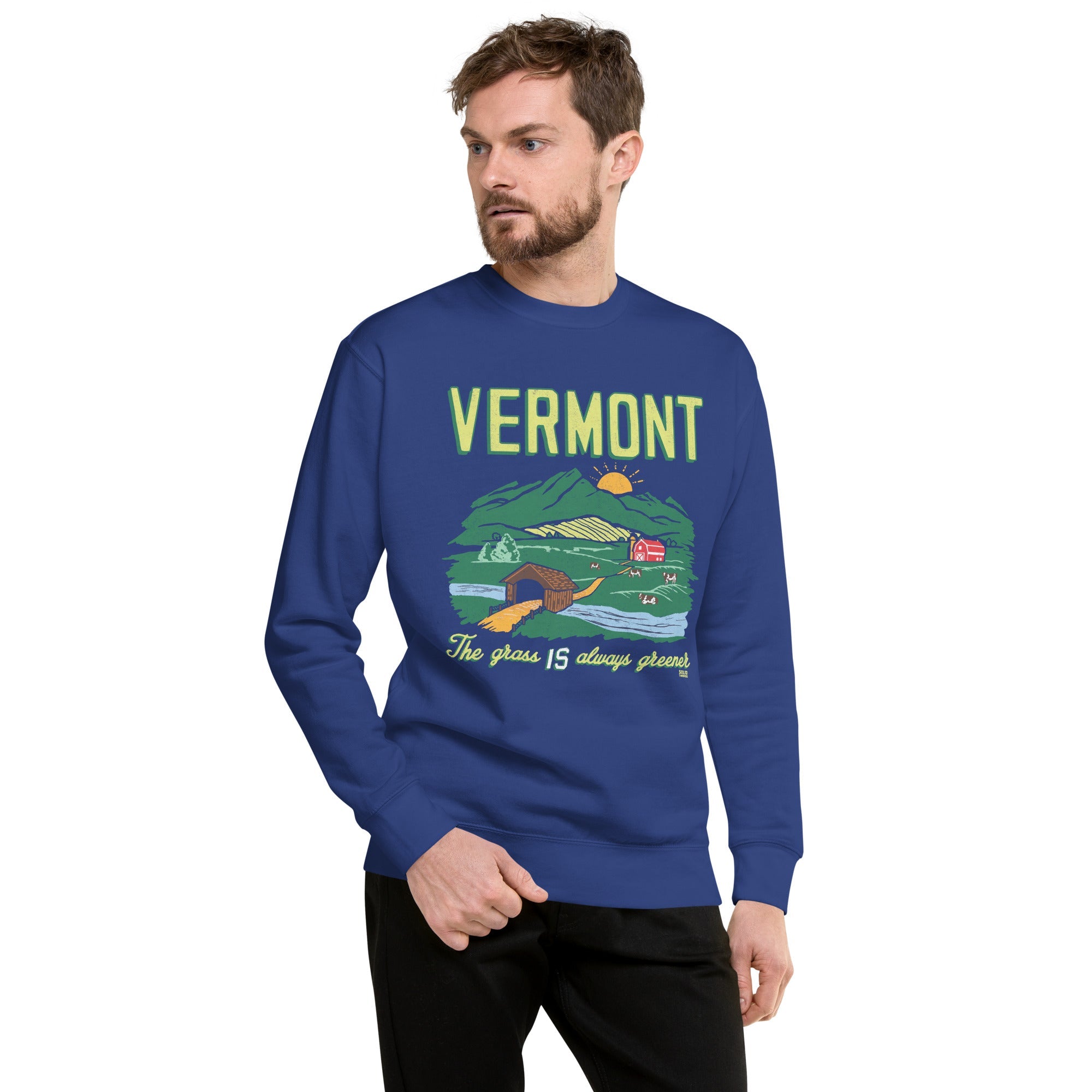 Men's Vermont The Grass Is Always Greener Cool Classic Sweatshirt | Vintage Green Mountains Fleece On Model | Solid Threads