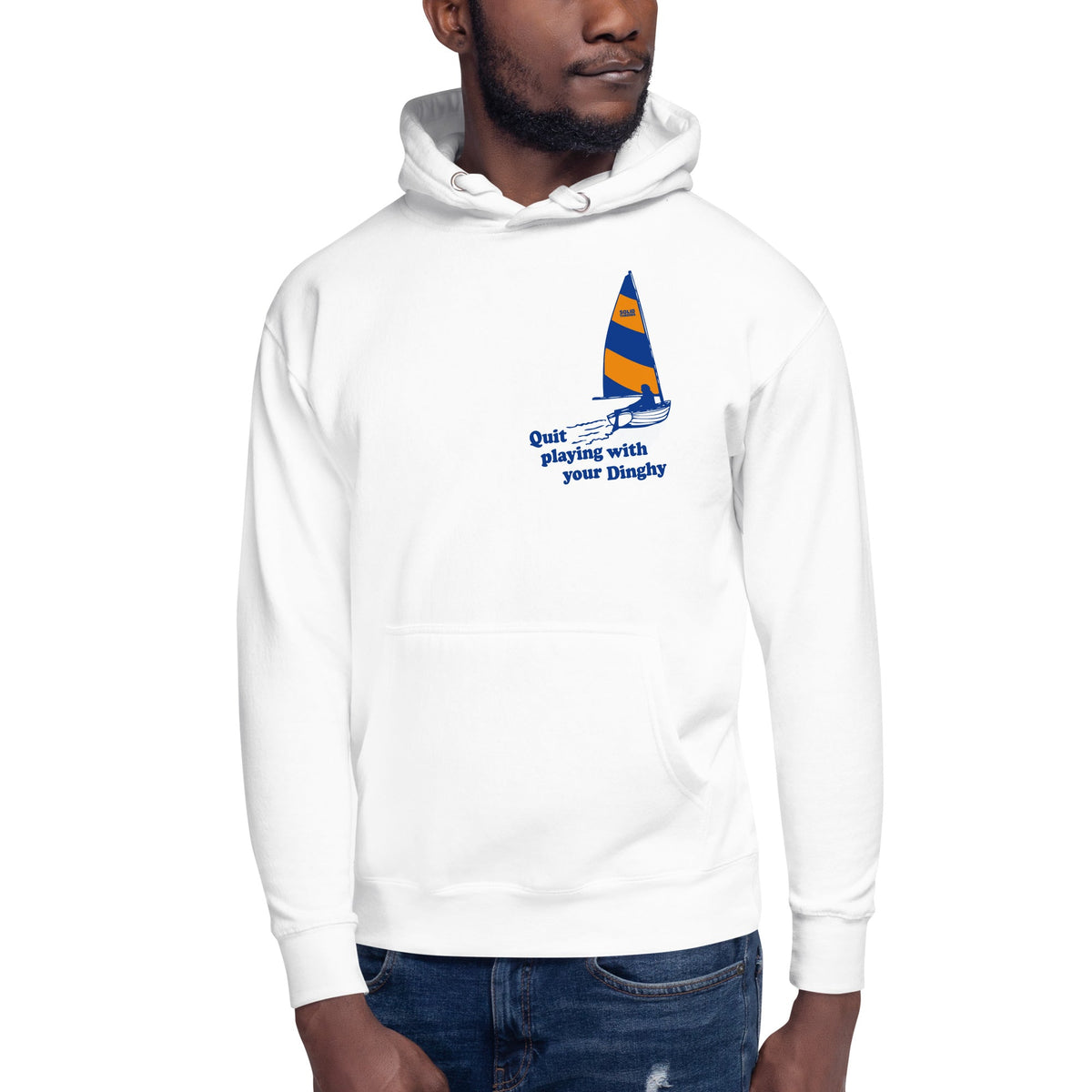 Quit Playing With Your Dinghy Vintage Classic Pullover Hoodie | Funny Sailing Fleece On Model | Solid Threads