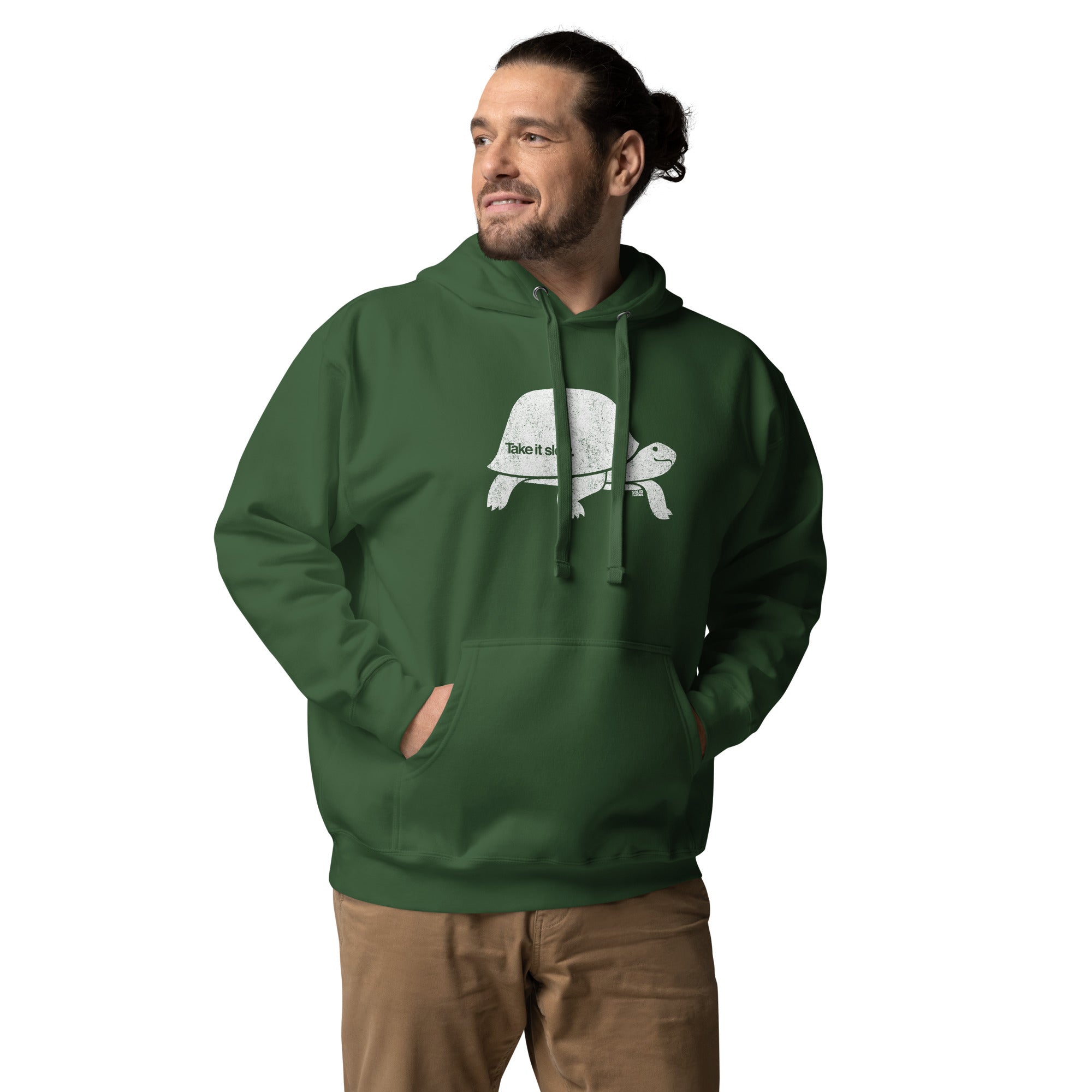 Take It Slow Vintage Classic Pullover Hoodie | Cool Turtle Fleece On Model | Solid Threads