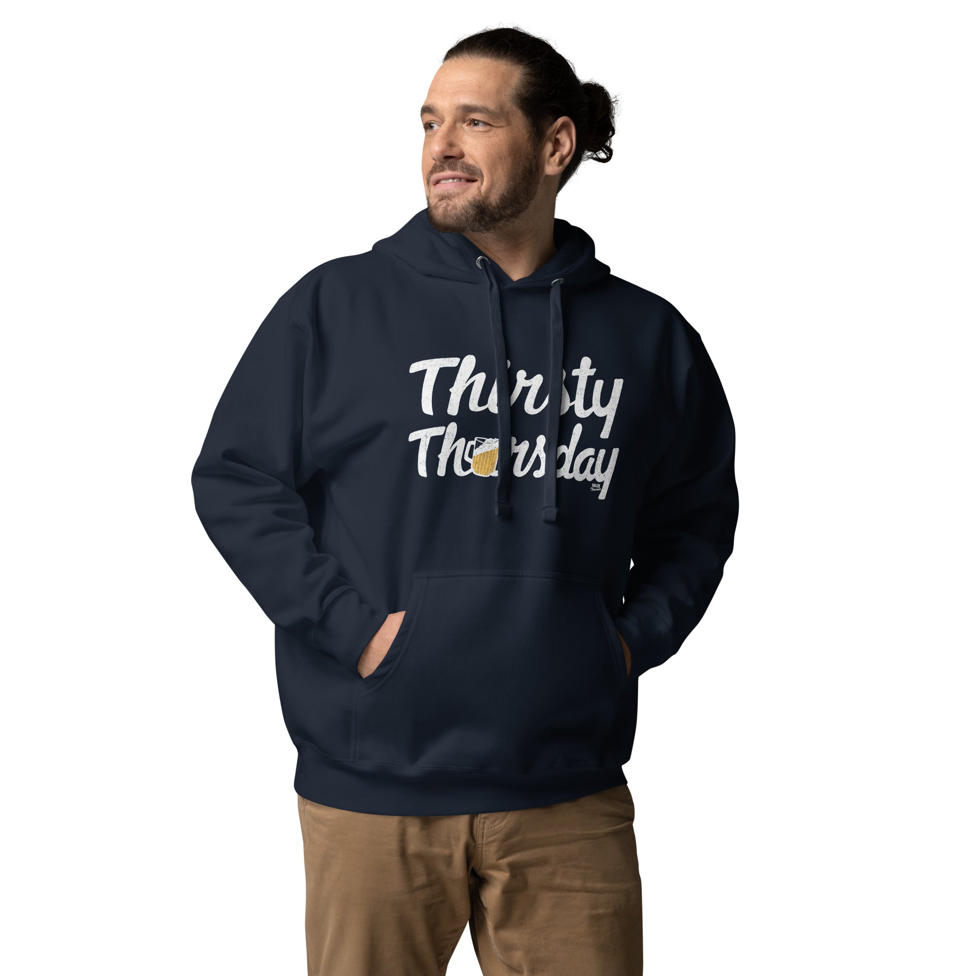 Thirsty Thursday Vintage Classic Pullover Hoodie | Funny Drinking Fleece on Model | Solid Threads