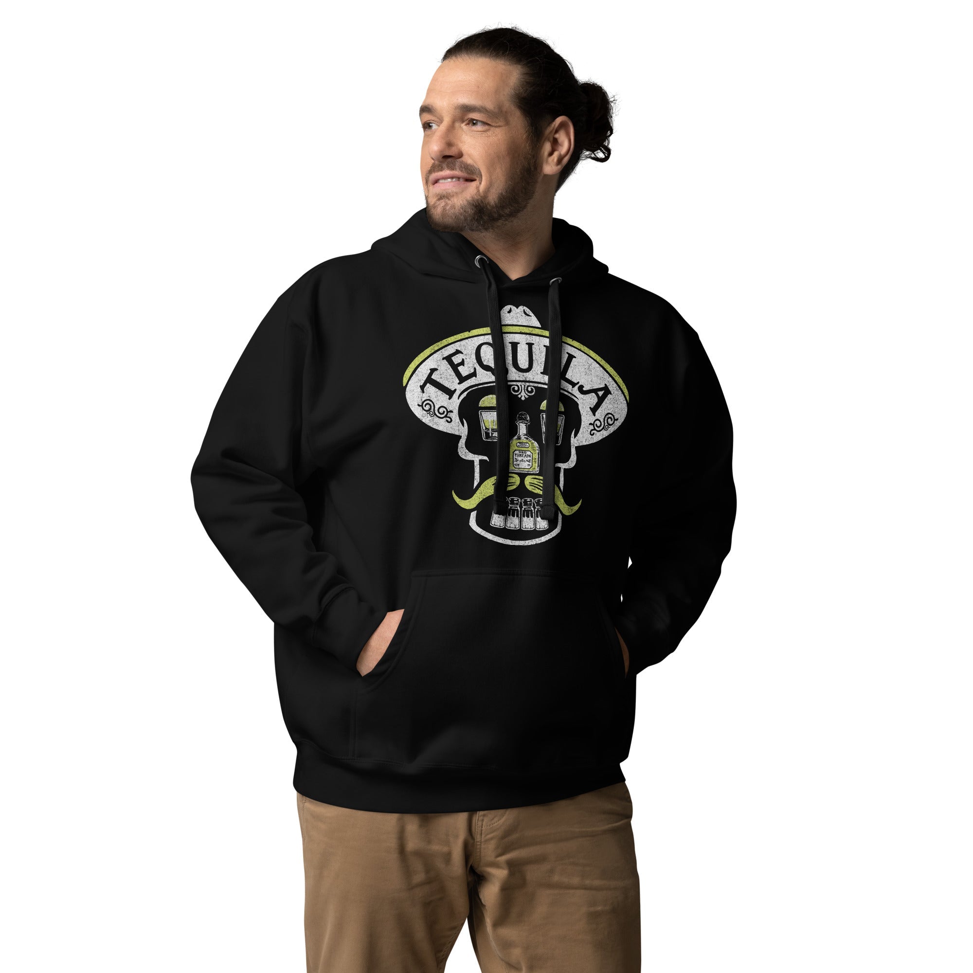 Tequila Skull Vintage Classic Pullover Hoodie | Cool Drinking Fleece On Model | Solid Threads