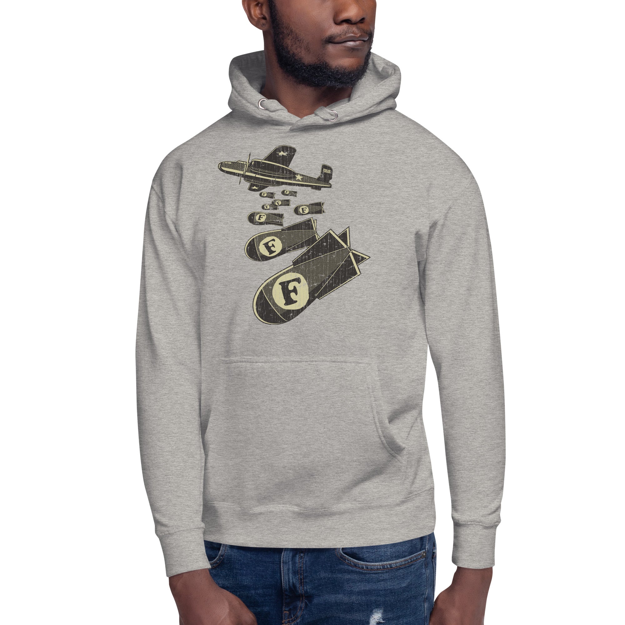F Bombs Funny Classic Pullover Hoodie | Vintage Swearing Pun Fleece On Model | Solid Threads