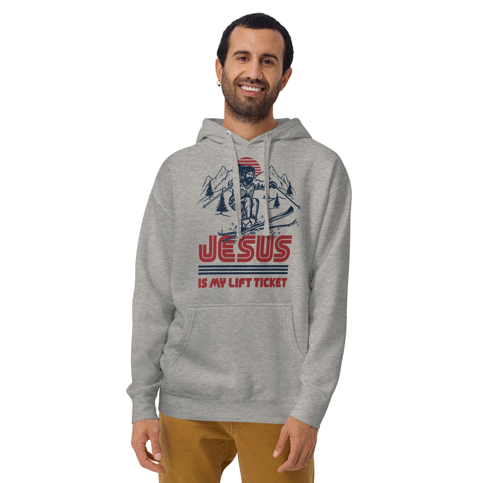 Jesus Is My Lift Ticket Funny Classic Pullover Hoodie | Cool Skiing Fleece On Model | Solid Threads
