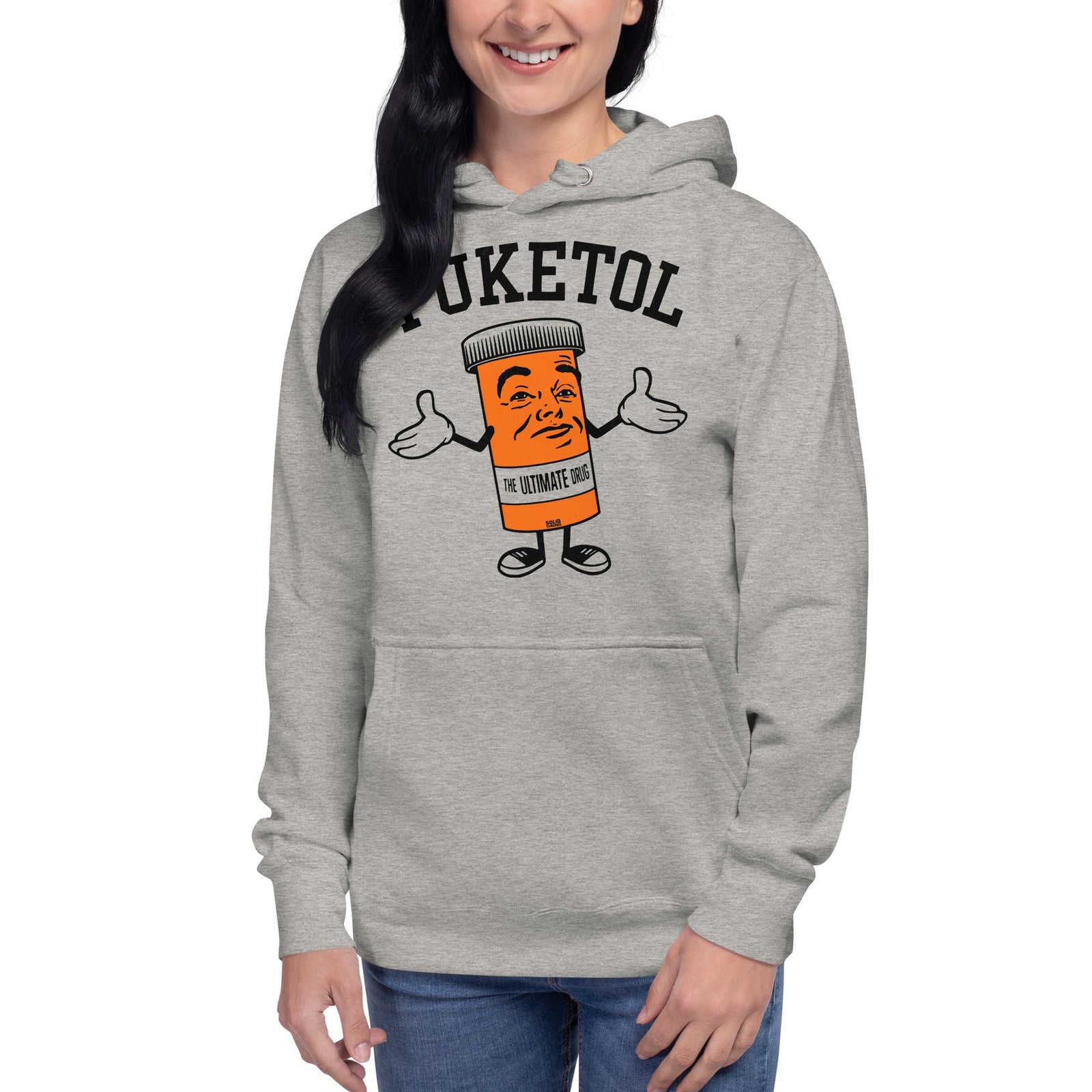 Fuketol Retro Classic Pullover Hoodie | Funny Pill Bottle Fleece On Model | Solid Threads