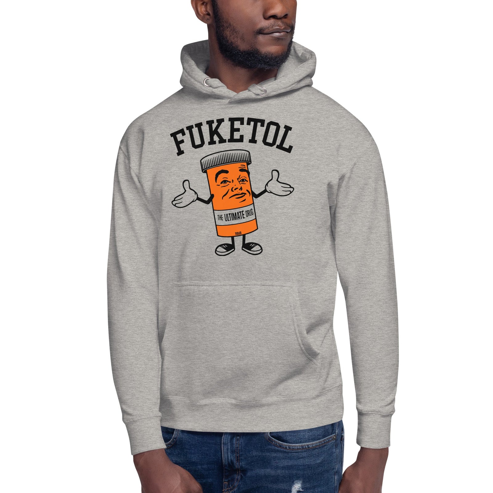 Fuketol Retro Classic Pullover Hoodie | Funny Pill Bottle Fleece On Model | Solid Threads