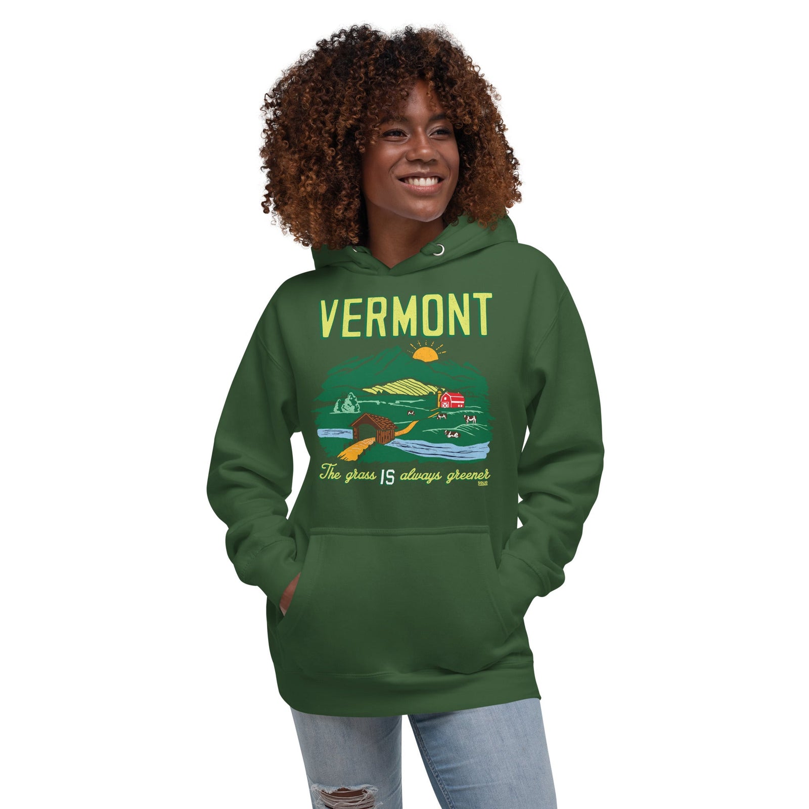 Vermont The Grass Is Always Greener Cool Classic Pullover Hoodie | Vintage Green Mountains Fleece On Model | Solid Threads