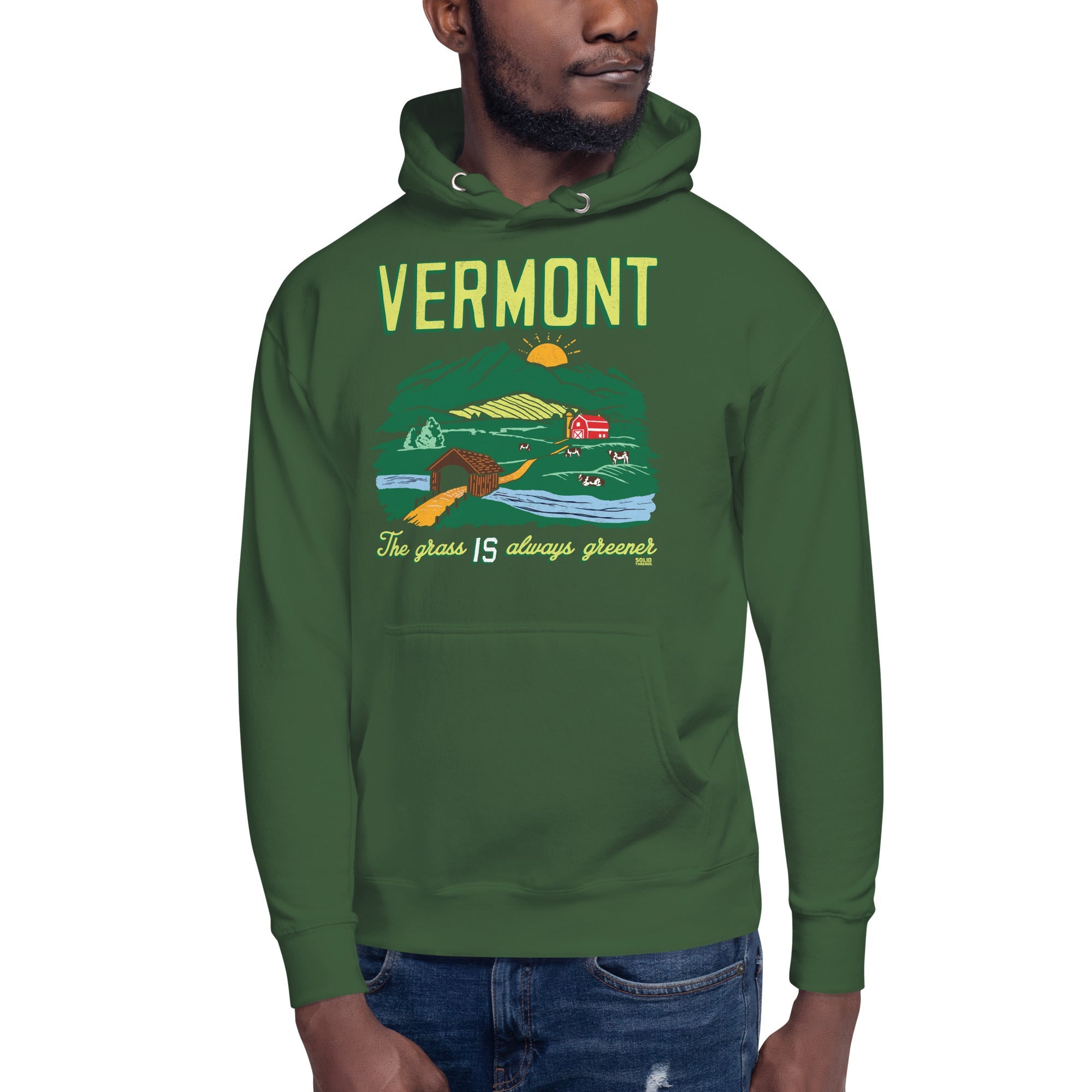 Vermont The Grass Is Always Greener Cool Classic Pullover Hoodie | Vintage Green Mountains Fleece On Model | Solid Threads