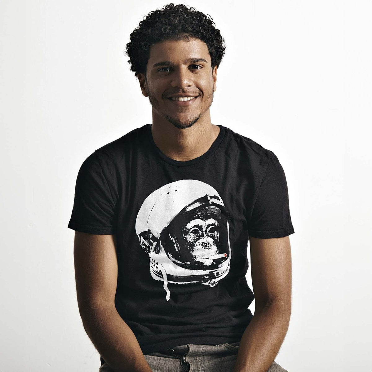 Men's Cold War Vet Cool Graphic T-Shirt | Funny Chimp Astronaut Smoking Tee On Model | Solid Threads