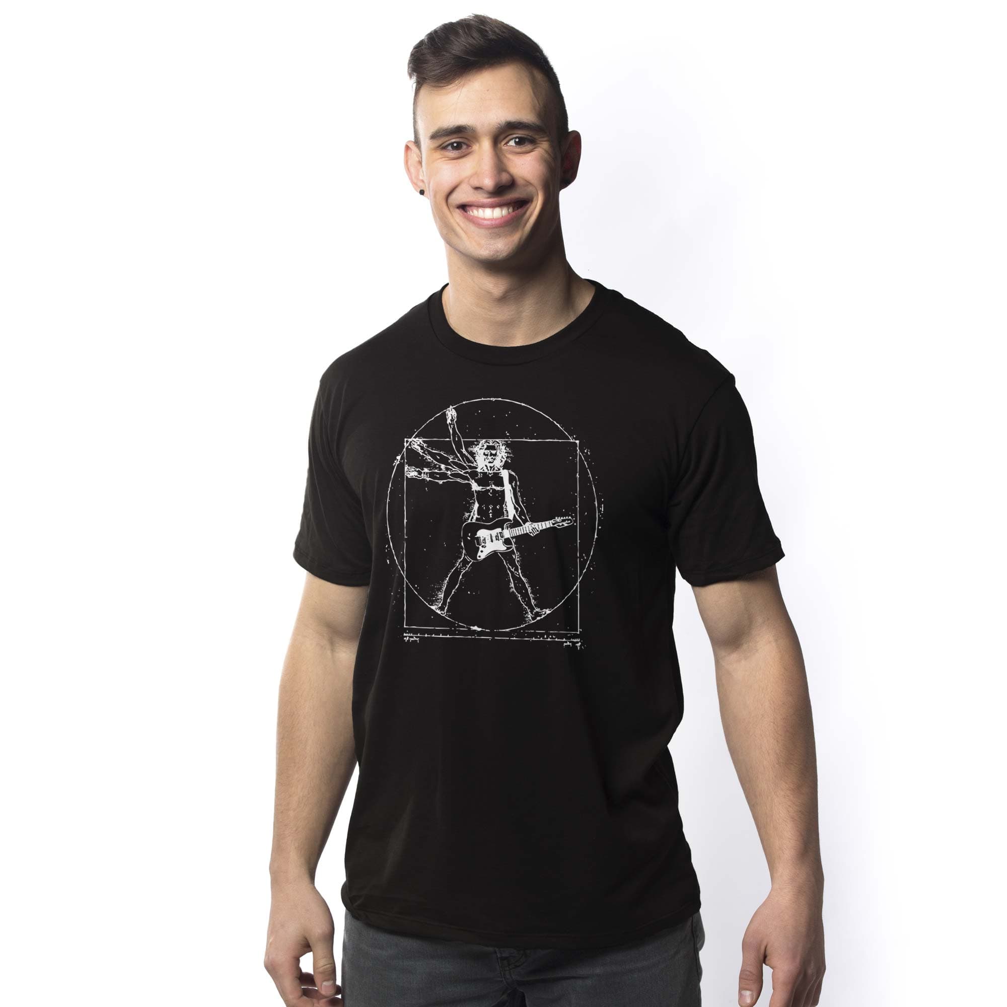 Men's Da Vinci Rock Man Graphic T-Shirt | Vintage Vitruvian Windmill Tee On Model | Solid Threads