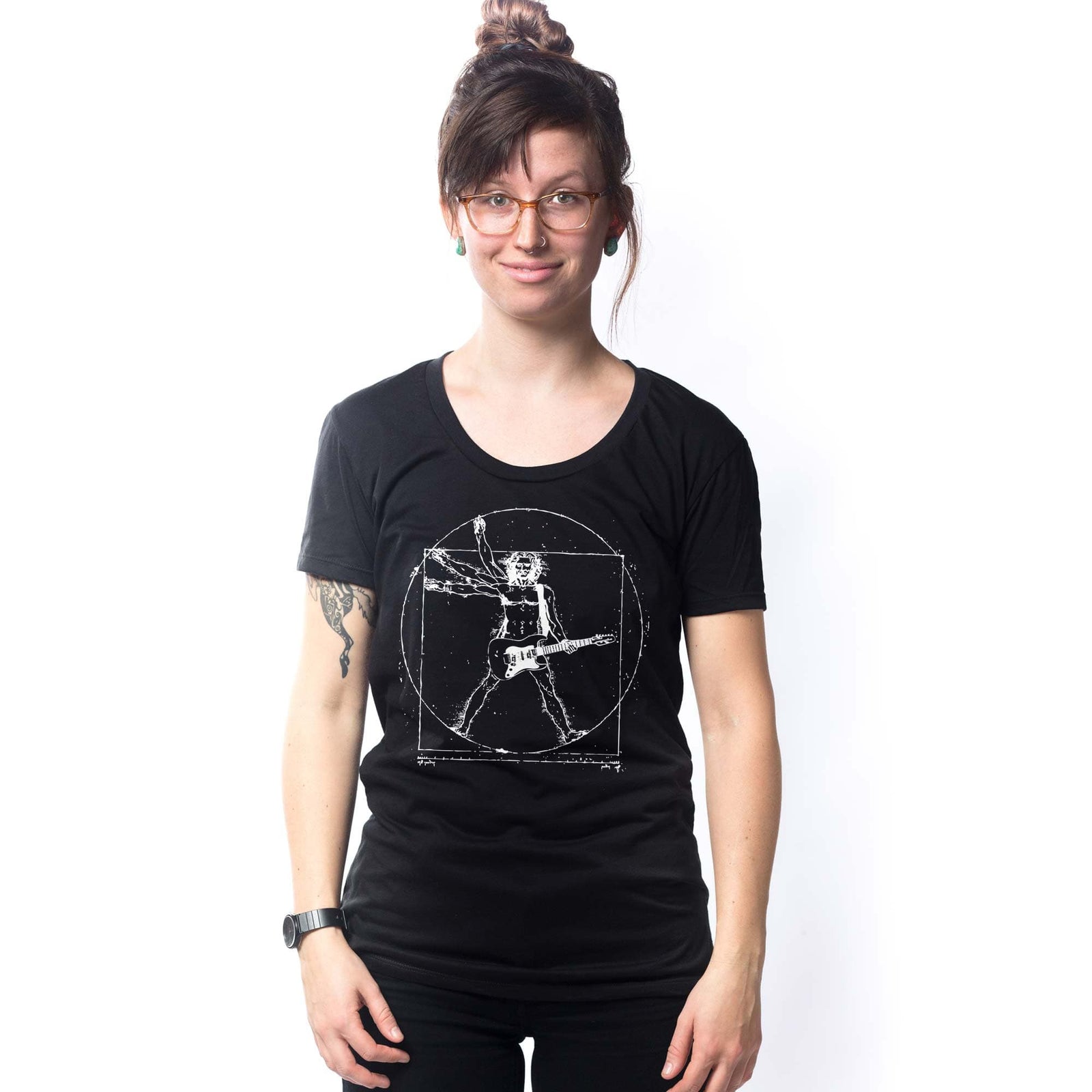 Women's Da Vinci Rock Man Graphic T-Shirt | Vintage Vitruvian Windmill Tee On Model | Solid Threads