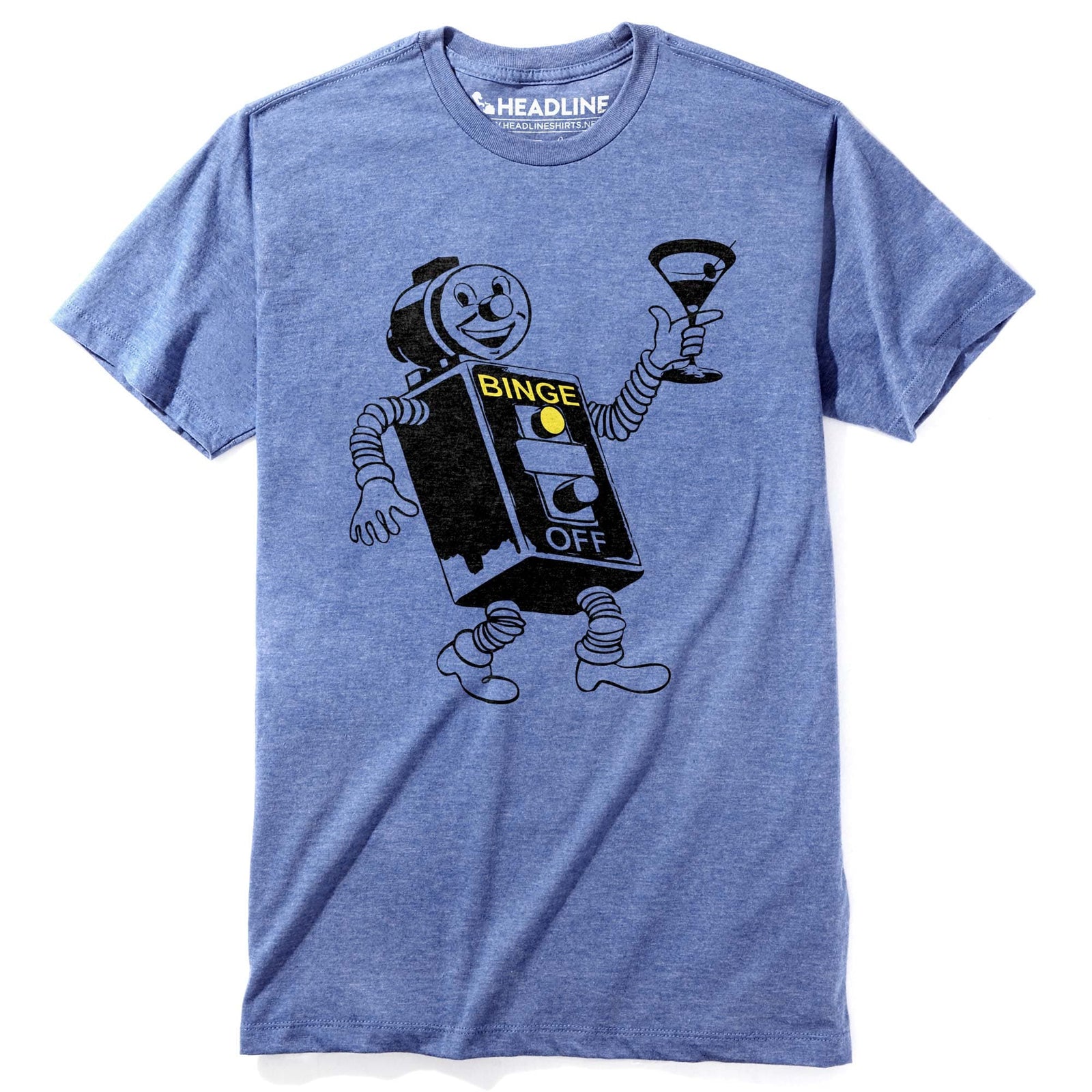 Men's Binge Bot Funny Graphic T-Shirt | Vintage Party Robot Tee | Solid Threads