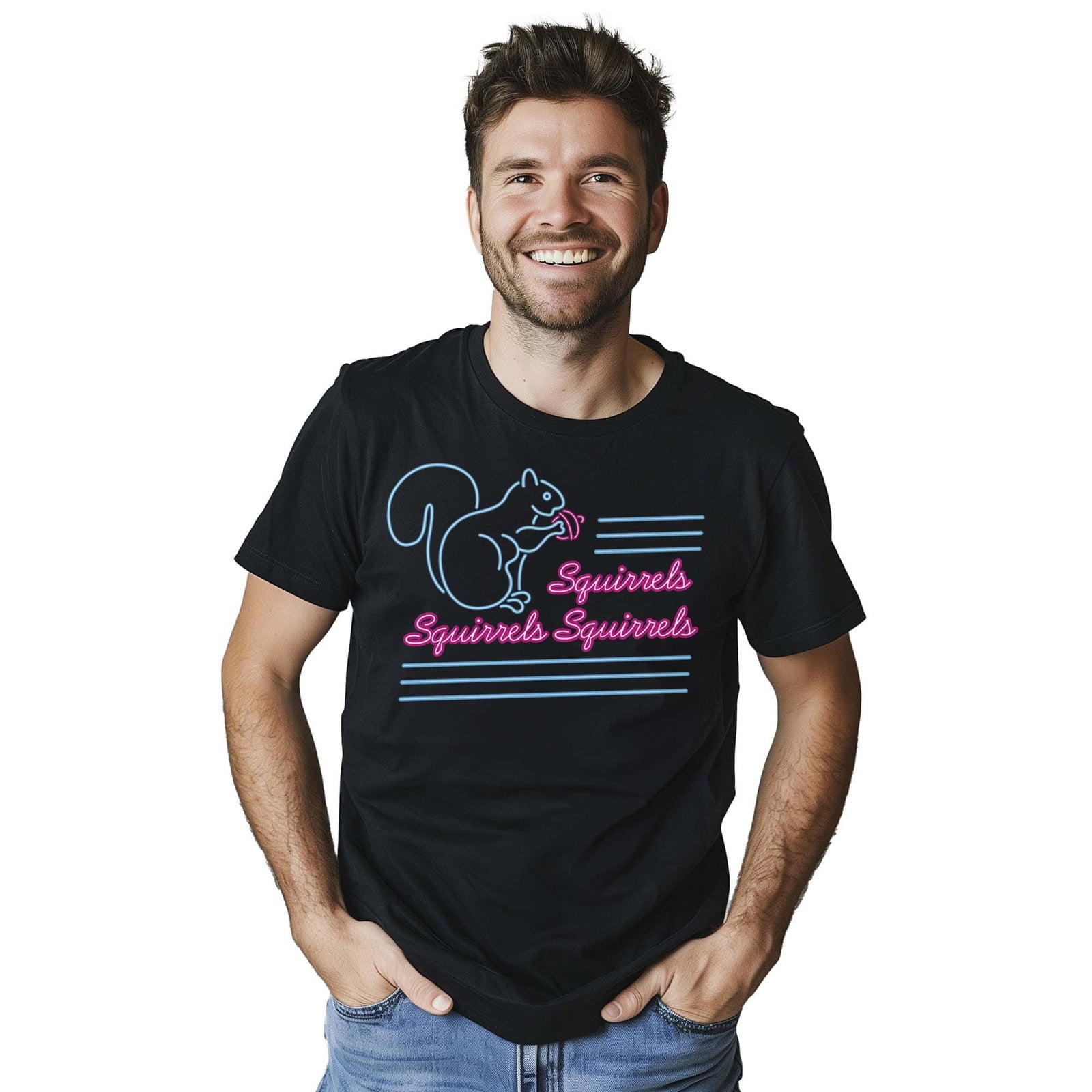 Men's Squirrels Squirrels Squirrels Funny Graphic T-Shirt | Designer Neon Light Tee On Model | Solid Threads