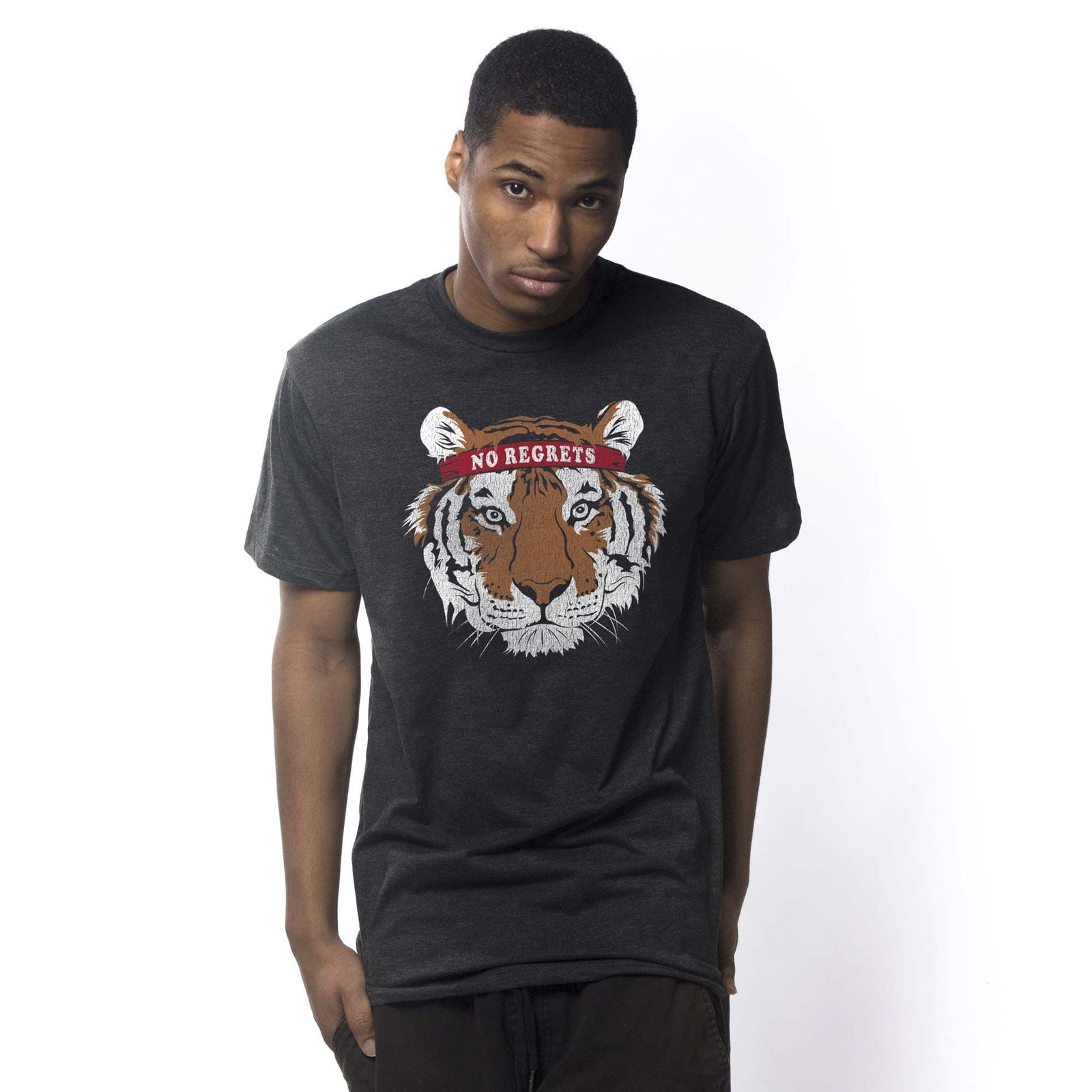 Men's Motivational Tiger Cool Graphic T-Shirt | Designer No Regrets Tee On Model | Solid Threads