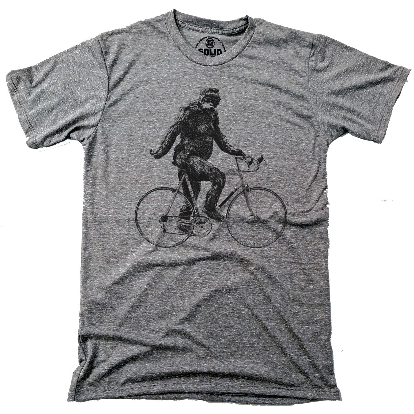 Men's Sasquatch Cyclist Funny Folklore Graphic T-Shirt | Vintage Bigfoot Bicycle Tee | Solid Threads