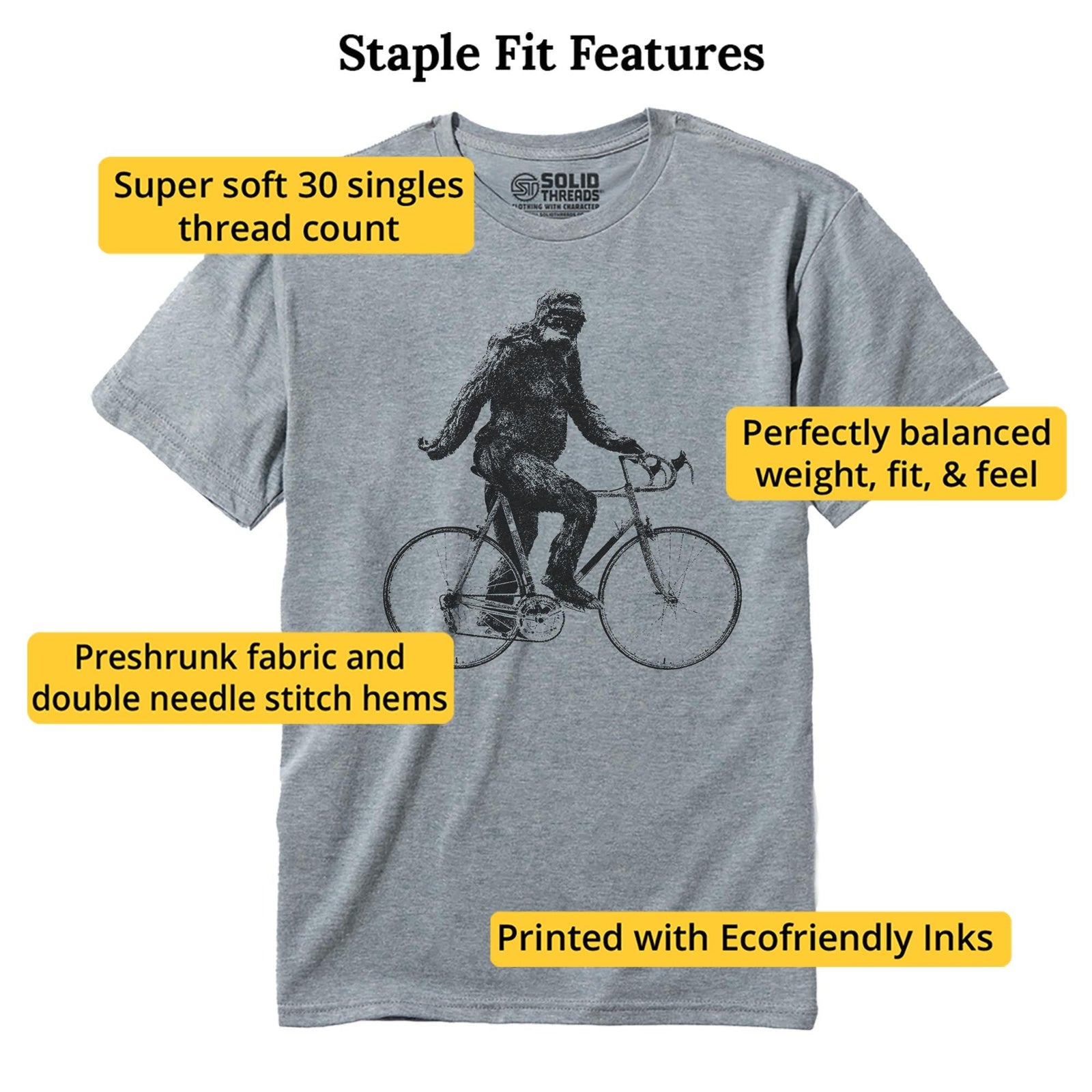 Sasquatch Cyclist Funny Staple T-shirt in Ash Heather - Fit Attributes