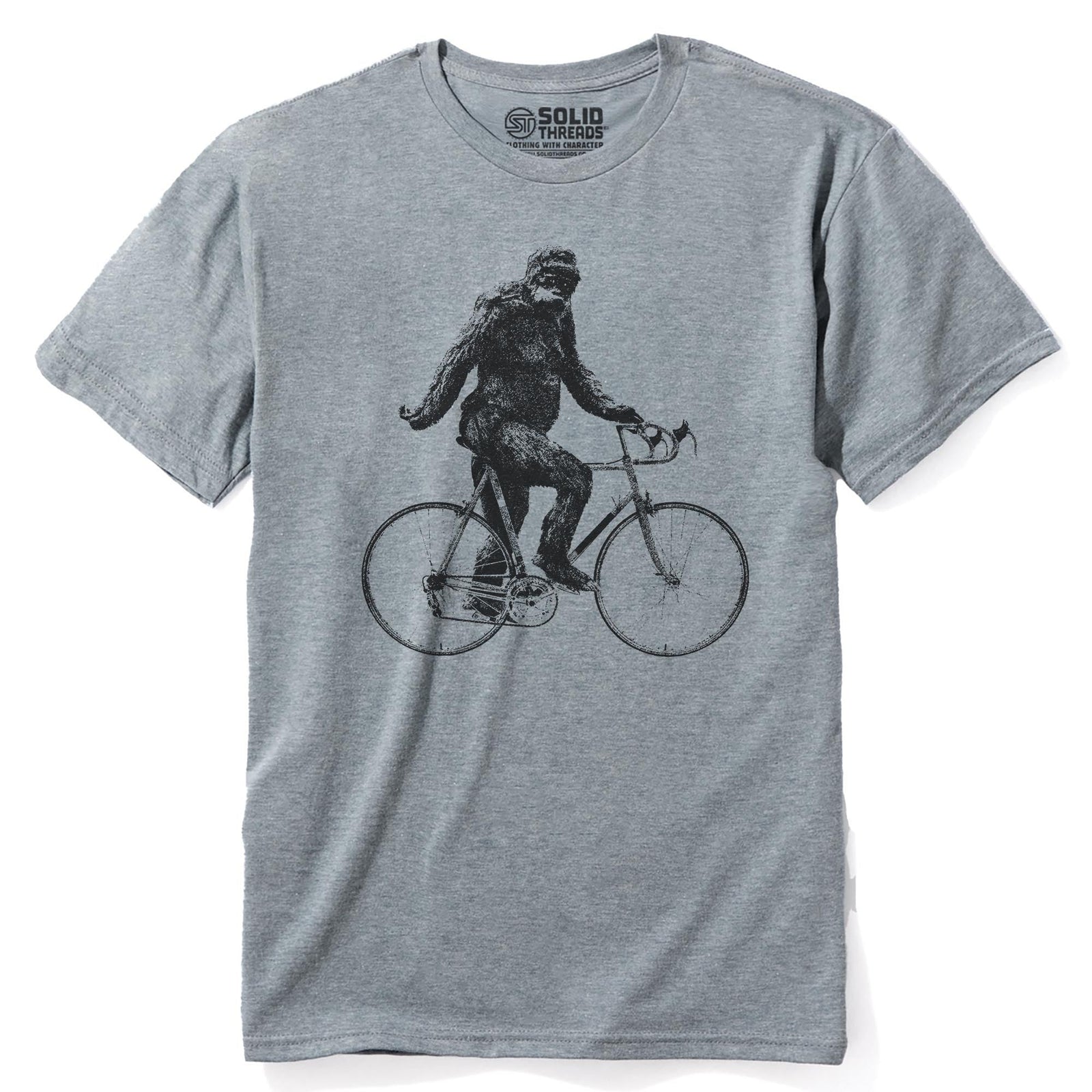 Sasquatch Cyclist Funny Staple T-shirt in Ash Heather - Front View