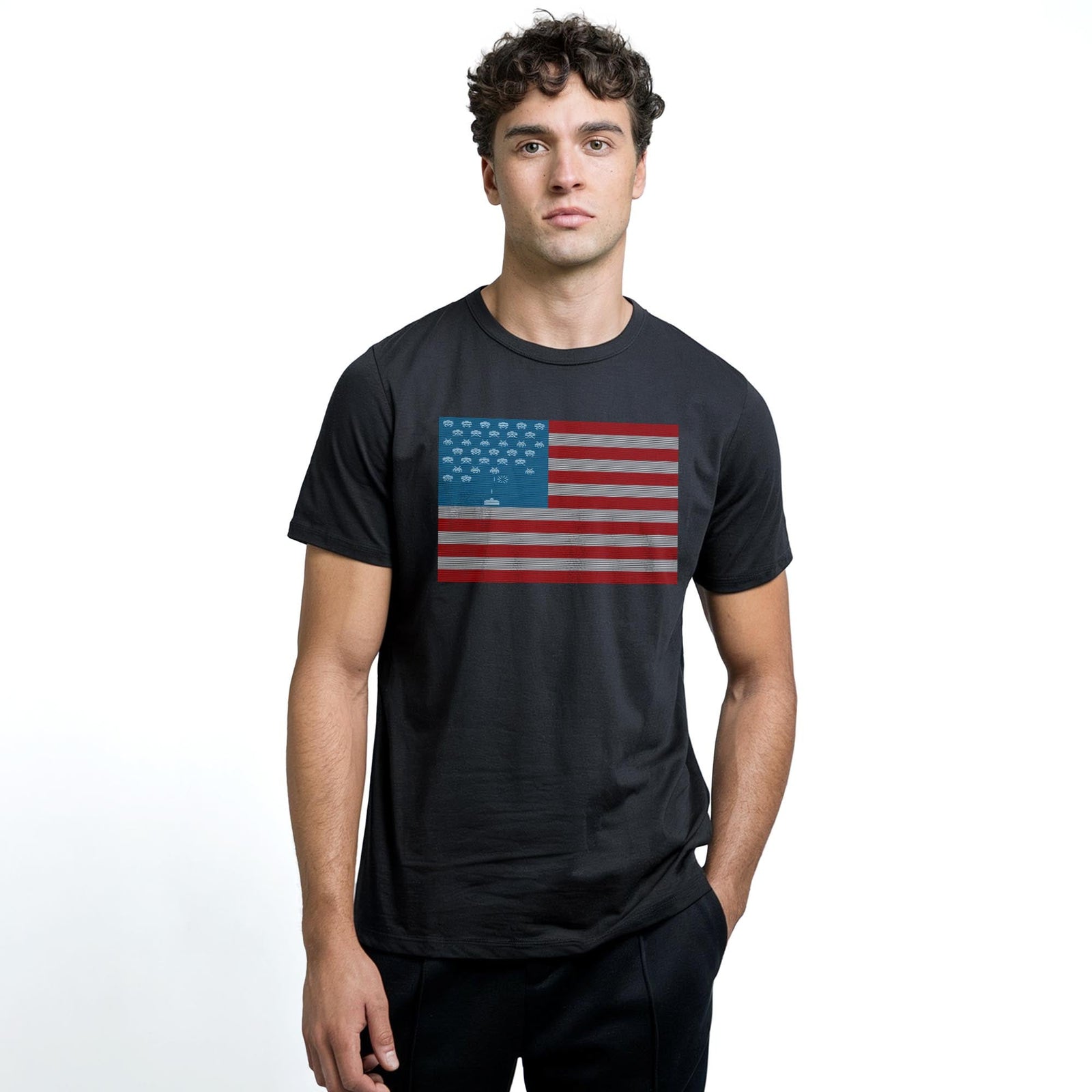 Invaders Flag Cool Staple T-shirt in Black On Model - Front View