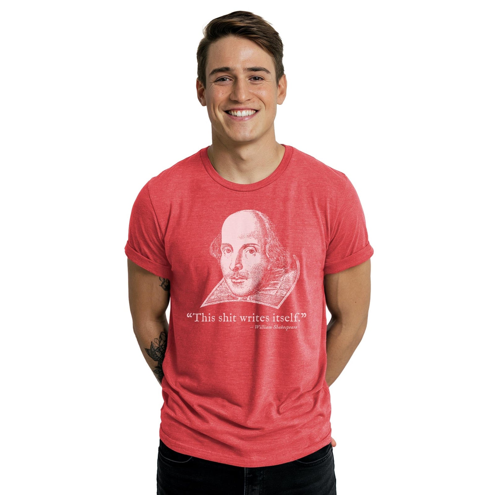 This Sh T Writes Itself Funny Staple T-shirt in Red Heather On Model - Front View