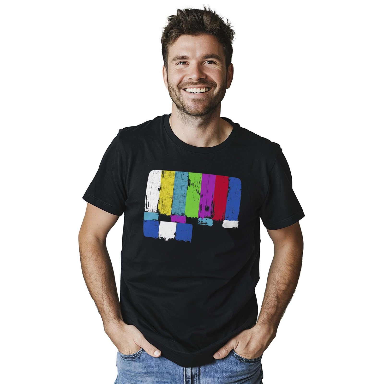Men's Emergency Broadcast Cool Graphic T-Shirt | Designer Tv Signal Tee On Model | Solid Threads