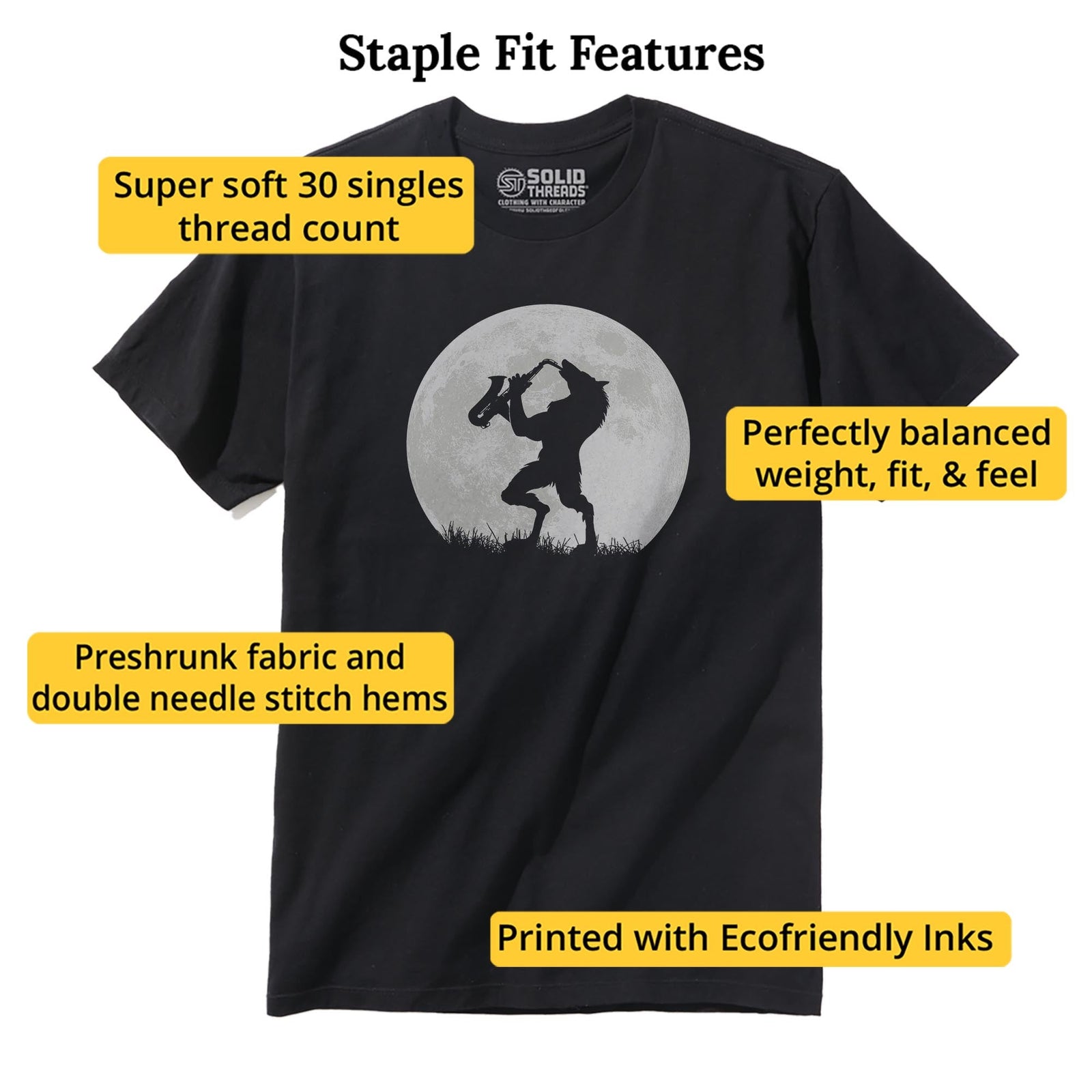 Werewolf Sax Solo Funny Staple T-shirt in Black - Fit Attributes