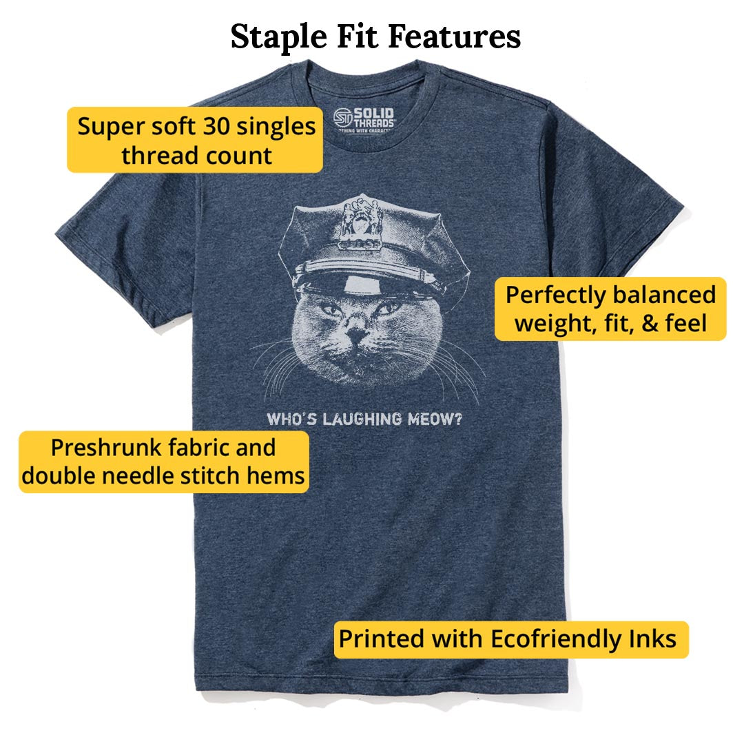 Who's Laughing Meow Funny Staple T-shirt in Navy Heather - Fit Attributes