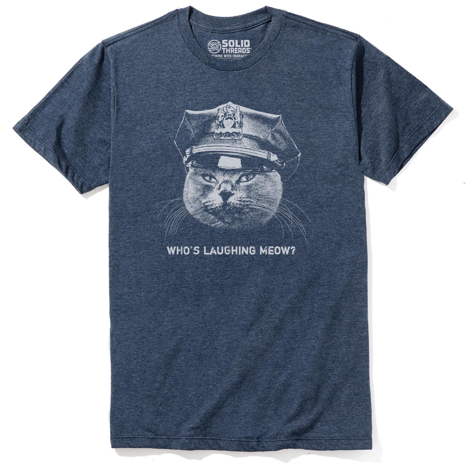 Who's Laughing Meow Funny Staple T-shirt in Navy Heather - Front View