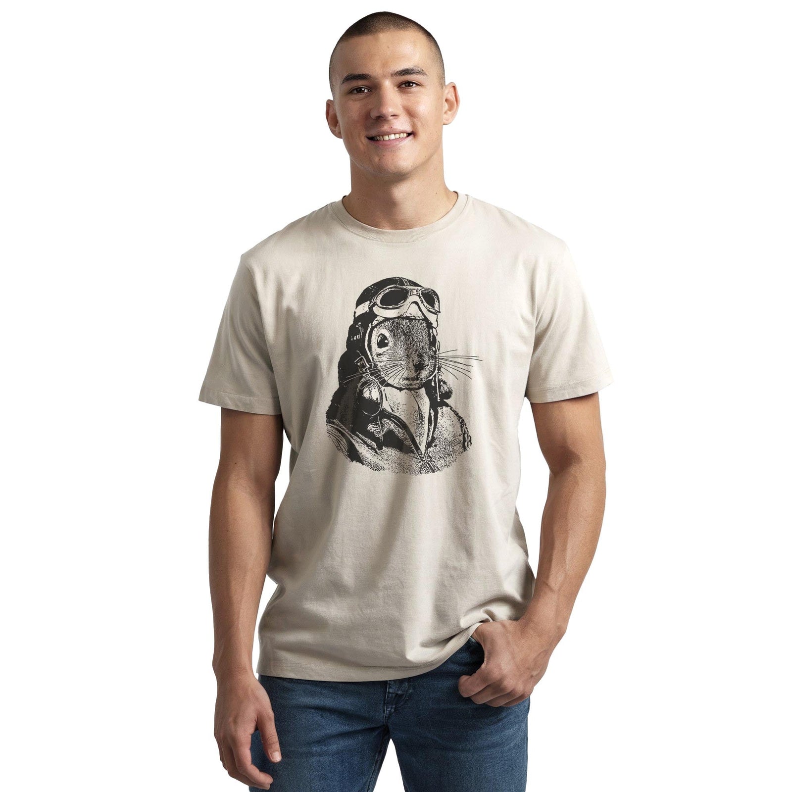 Flying Squirrel Funny Staple T-shirt in Natural On Model - Front View