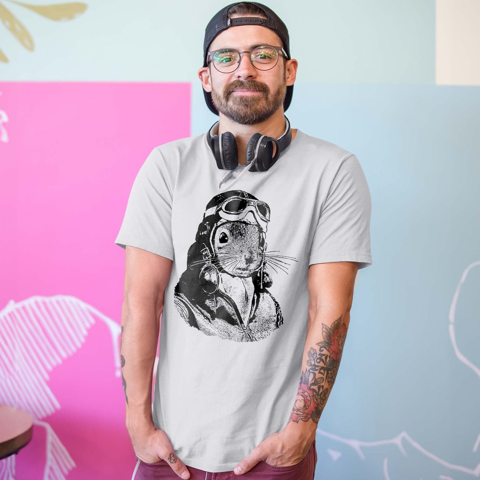 Men's Flying Squirrel Funny Graphic T-Shirt | Vintage Flight Helmet Pun Tee On Model | Solid Threads