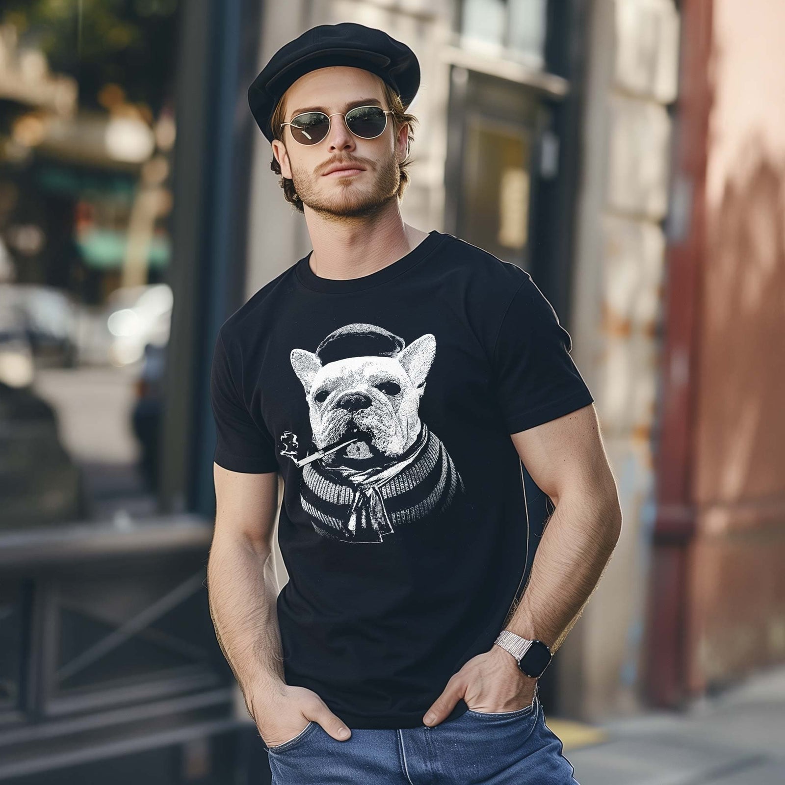 Men's French Bulldog Funny Graphic T-Shirt | Vintage Dog Beret Tee On Model | Solid Threads