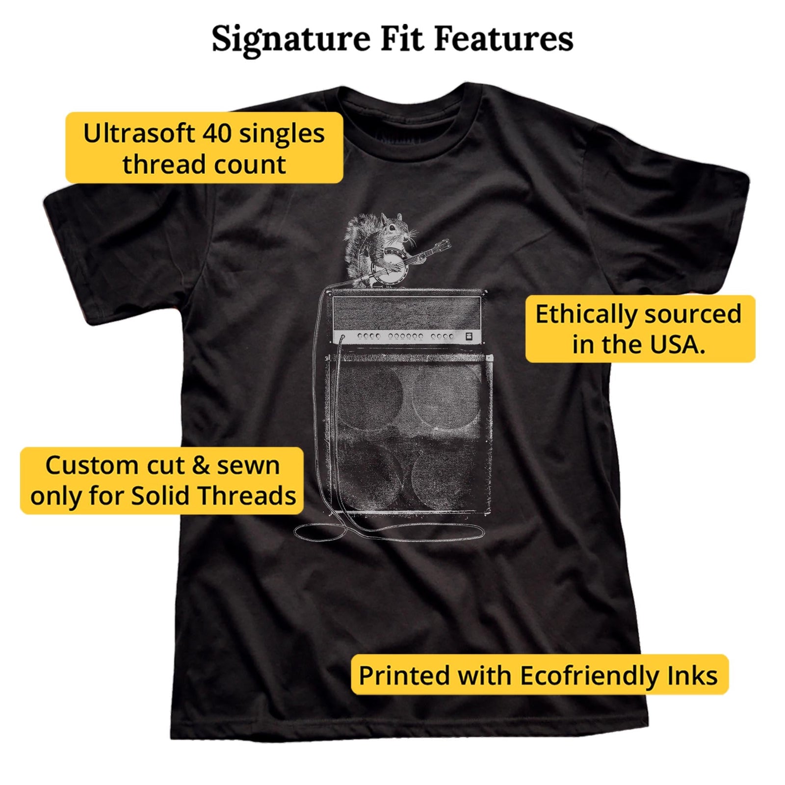 Squirrel Banjo Designer Signature T-shirt in Black - Fit Attributes