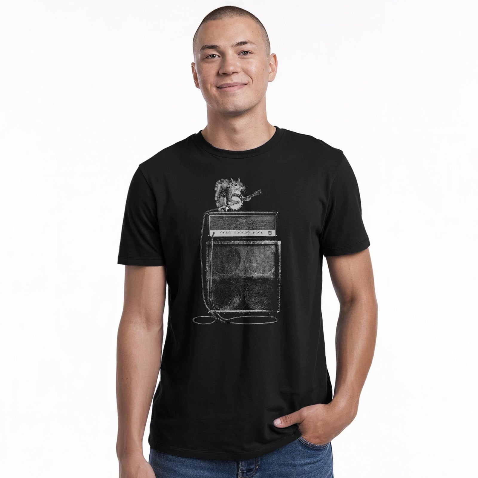 Squirrel Banjo Designer Staple T-shirt in Black On Model - Front View