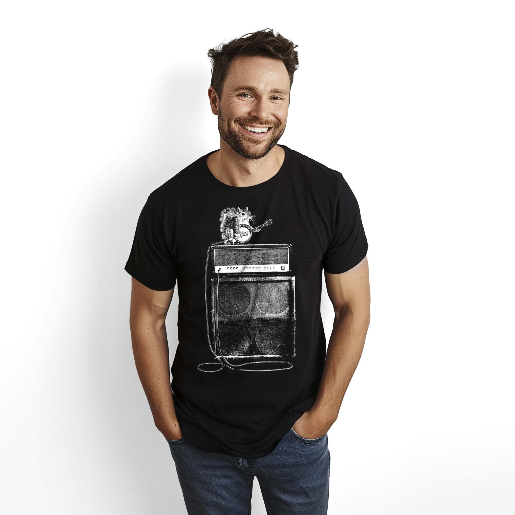 Men's Squirrel Banjo Designer Graphic T-Shirt | Funny Artsy Bluegrass Tee On Model | Solid Threads