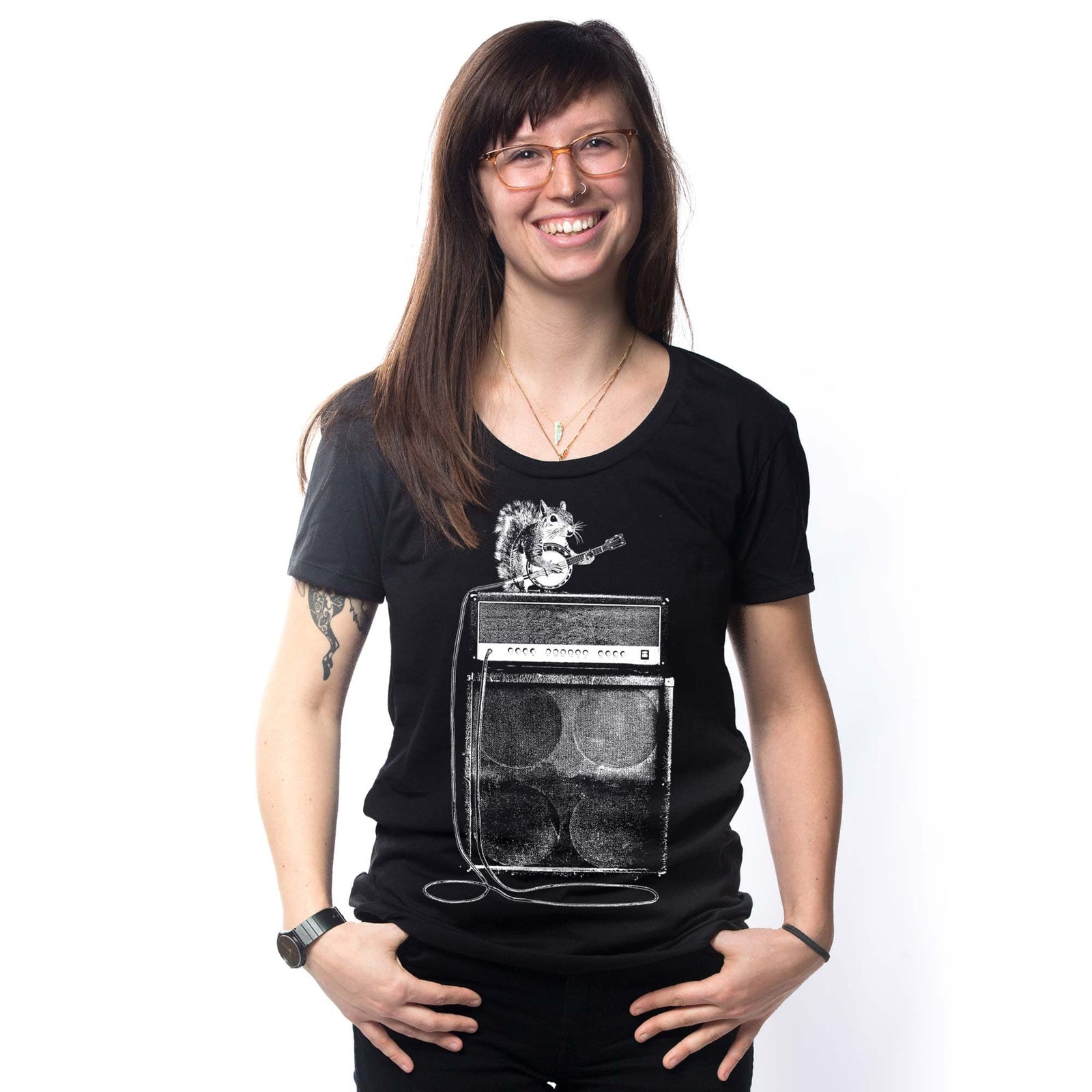 Women's Squirrel Banjo Designer Graphic T-Shirt | Funny Artsy Bluegrass Tee On Model | Solid Threads