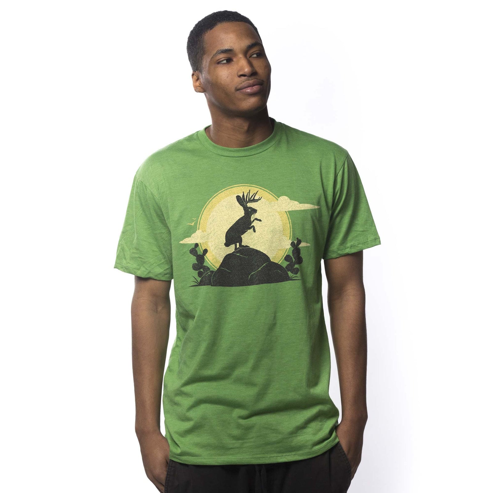 Men's Jackalope Cool Graphic T-Shirt | Vintage Jackrabbit Cryptid Tee On Model | Solid Threads