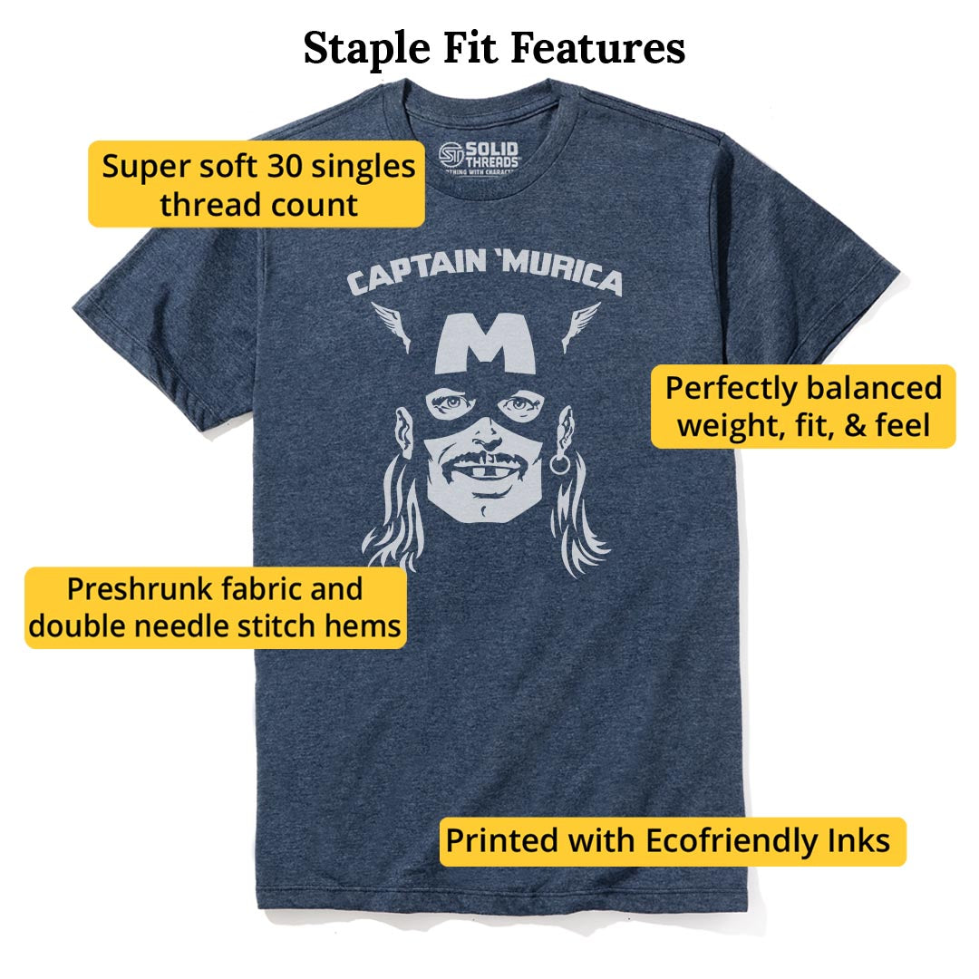 Captain Murica Funny Staple T-shirt in Navy Heather - Fit Attributes