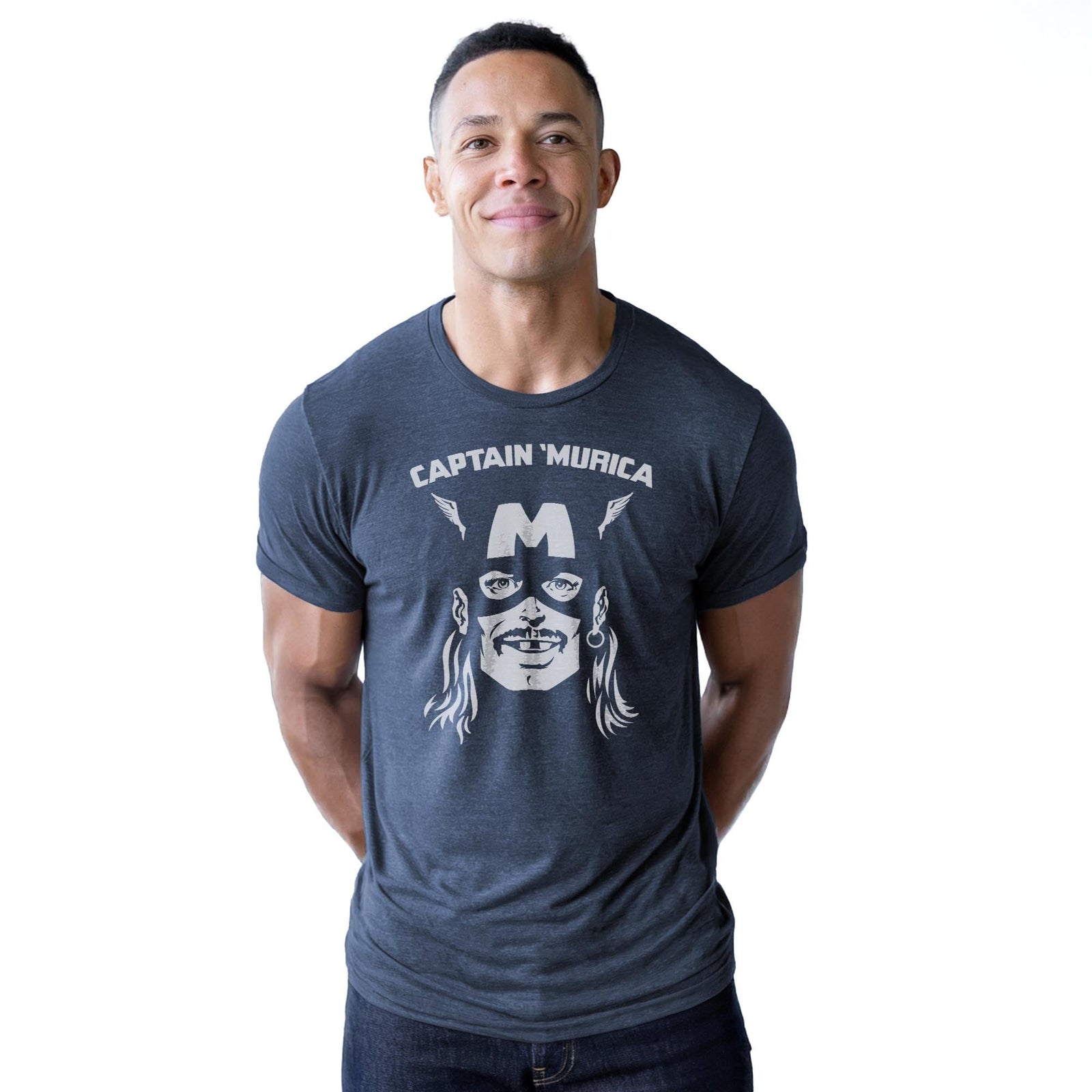 Captain Murica Funny Staple T-shirt in Navy Heather On Model - Front View