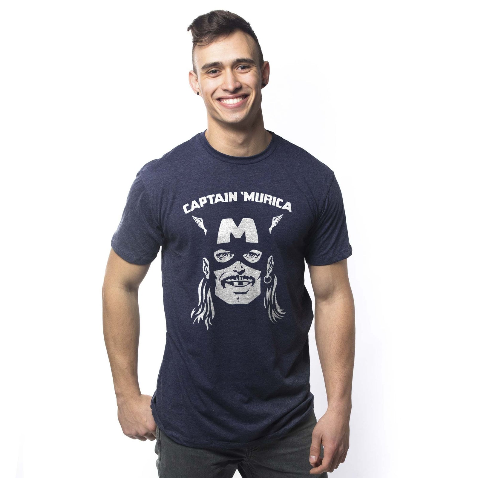 Men's Captain Murica Funny Graphic T-Shirt | Cool America Superhero Parody Tee On Model | Solid Threads
