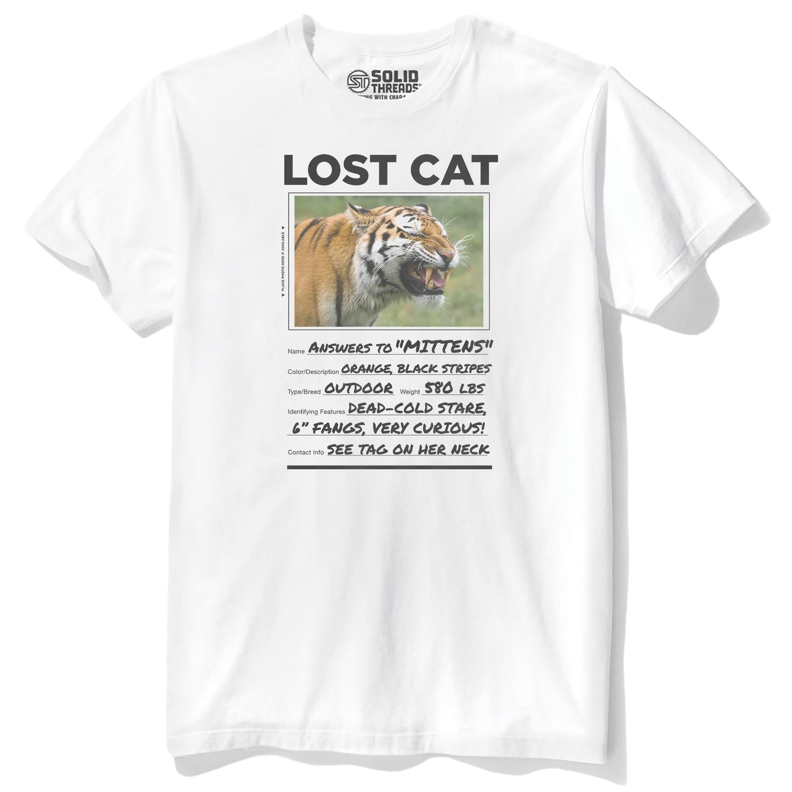 Lost Cat Funny Staple T-shirt in White - Front View
