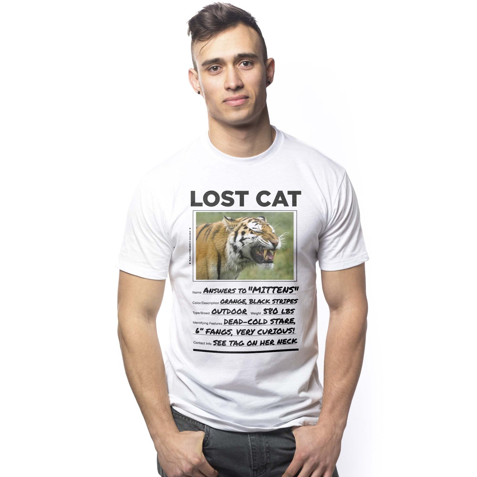 Men's Lost Cat Funny Animal Lover Graphic T-Shirt | Cool Tiger Mittens Tee On Model | Solid Threads