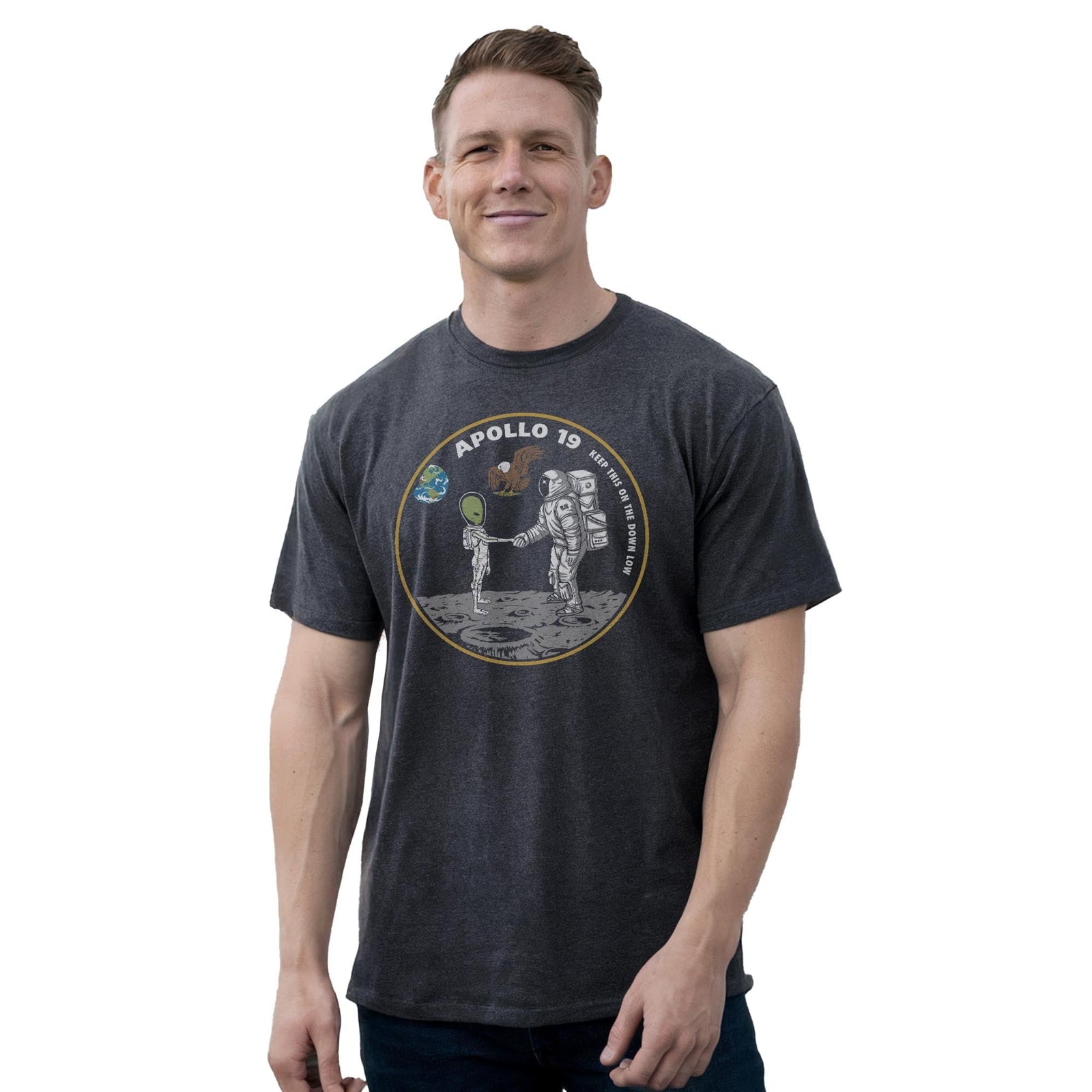 Apollo 19 Vintage Staple T-shirt in Charcoal Heather On Model - Front View