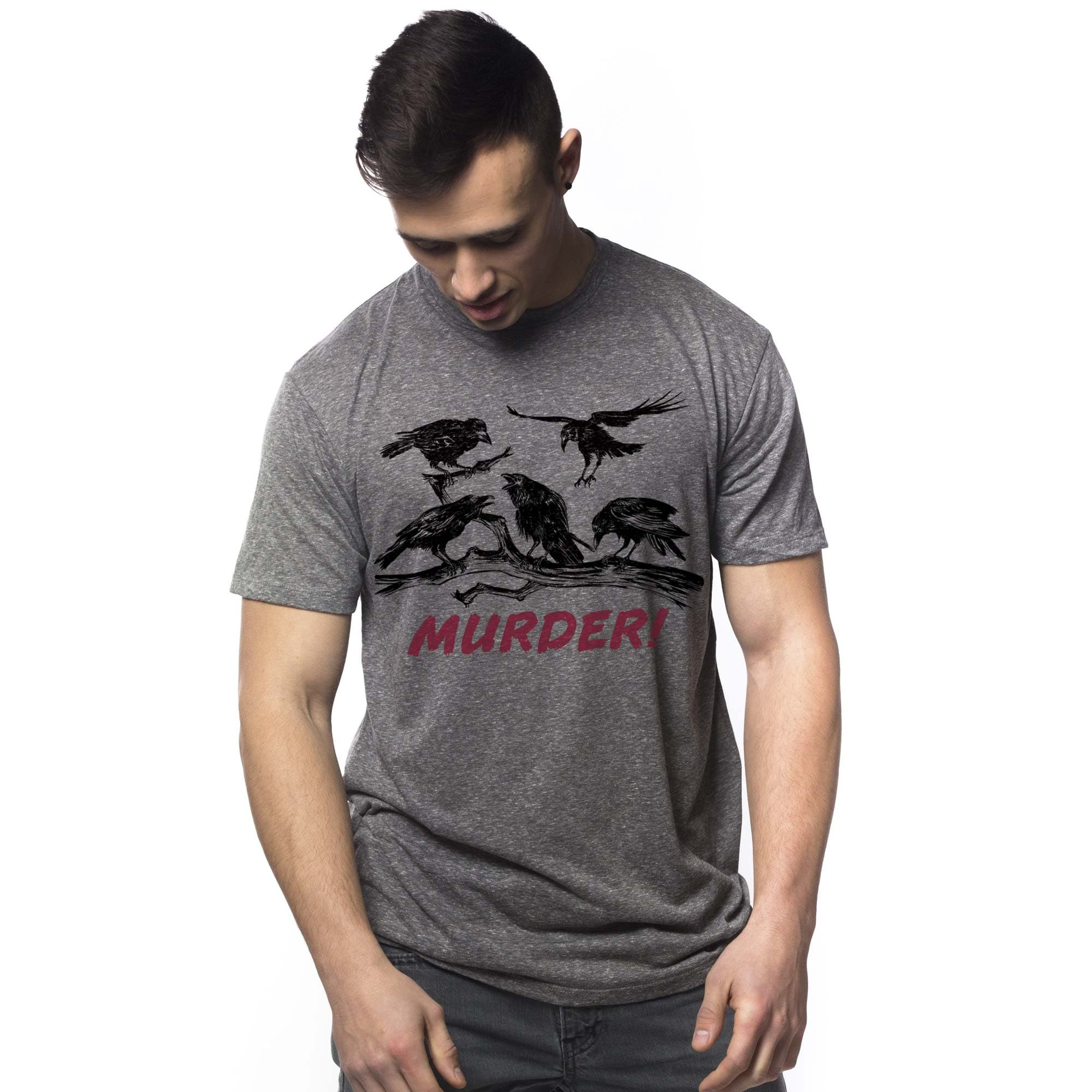 Men's Murder Of Crows Vintage Graphic T-Shirt | Designer Pun Blood Tee On Model | Solid Threads