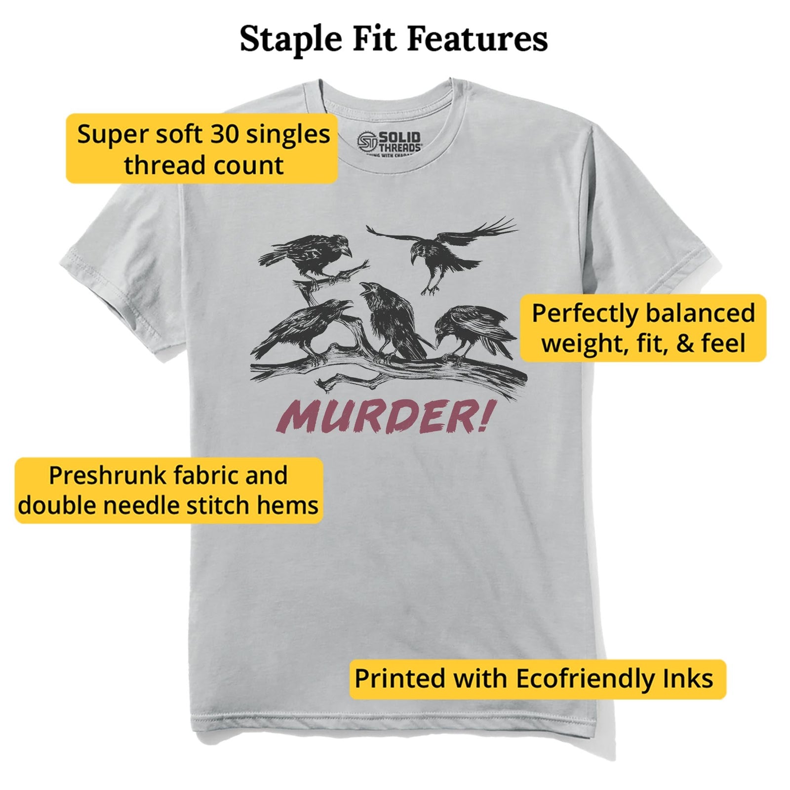 Murder Of Crows Vintage Staple T-shirt in Silver - Fit Attributes