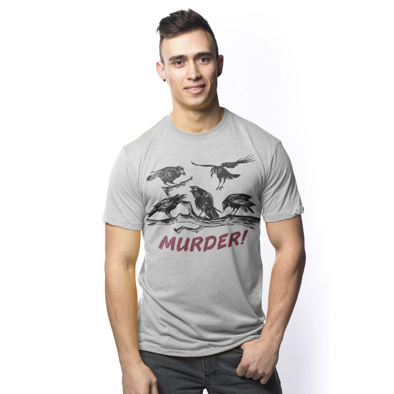 Men's Murder Of Crows Vintage Graphic T-Shirt | Designer Pun Blood Tee On Model | Solid Threads