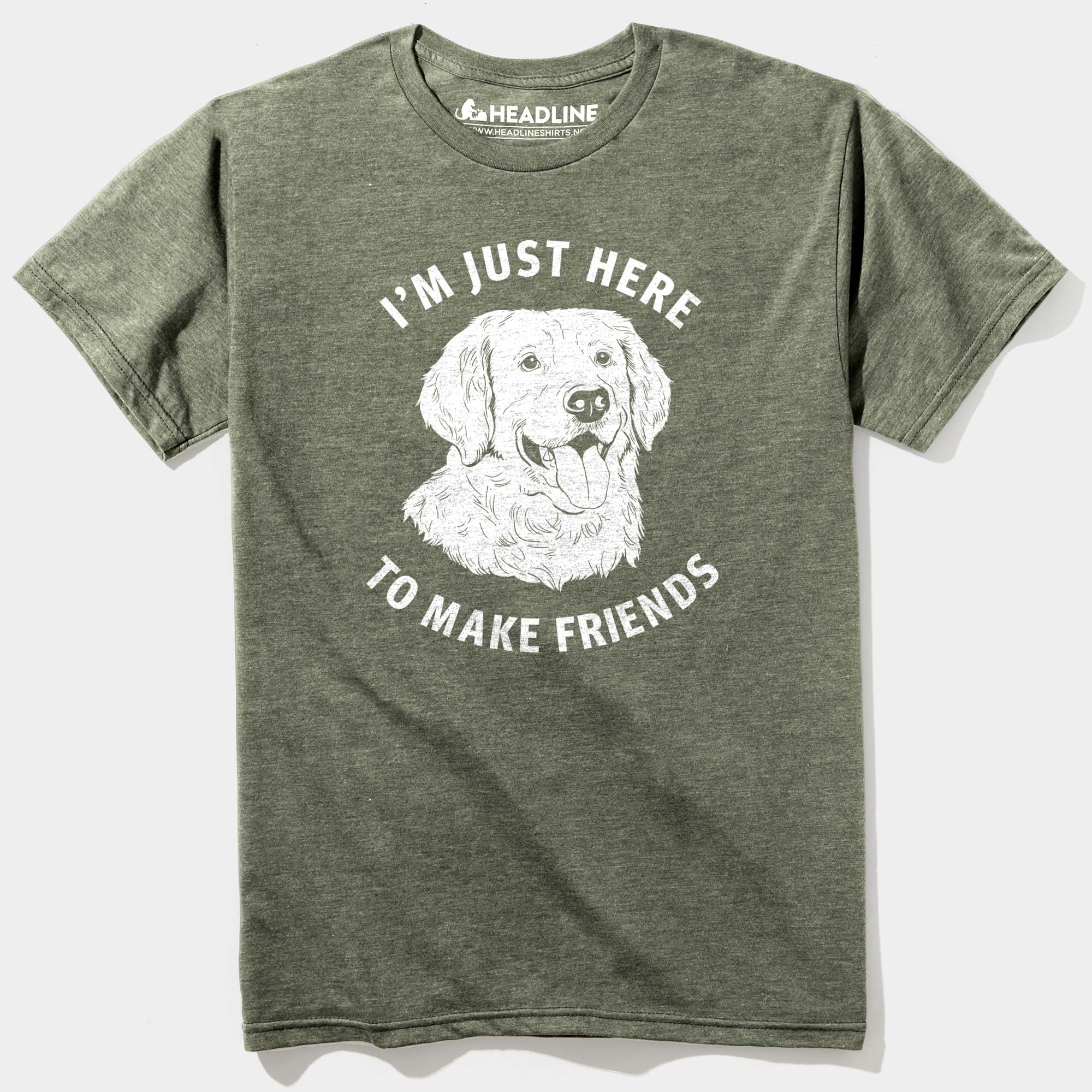 Men's Just Here To Make Friends Funny Graphic T-Shirt | Vintage Golden Retriever Tee | Solid Threads