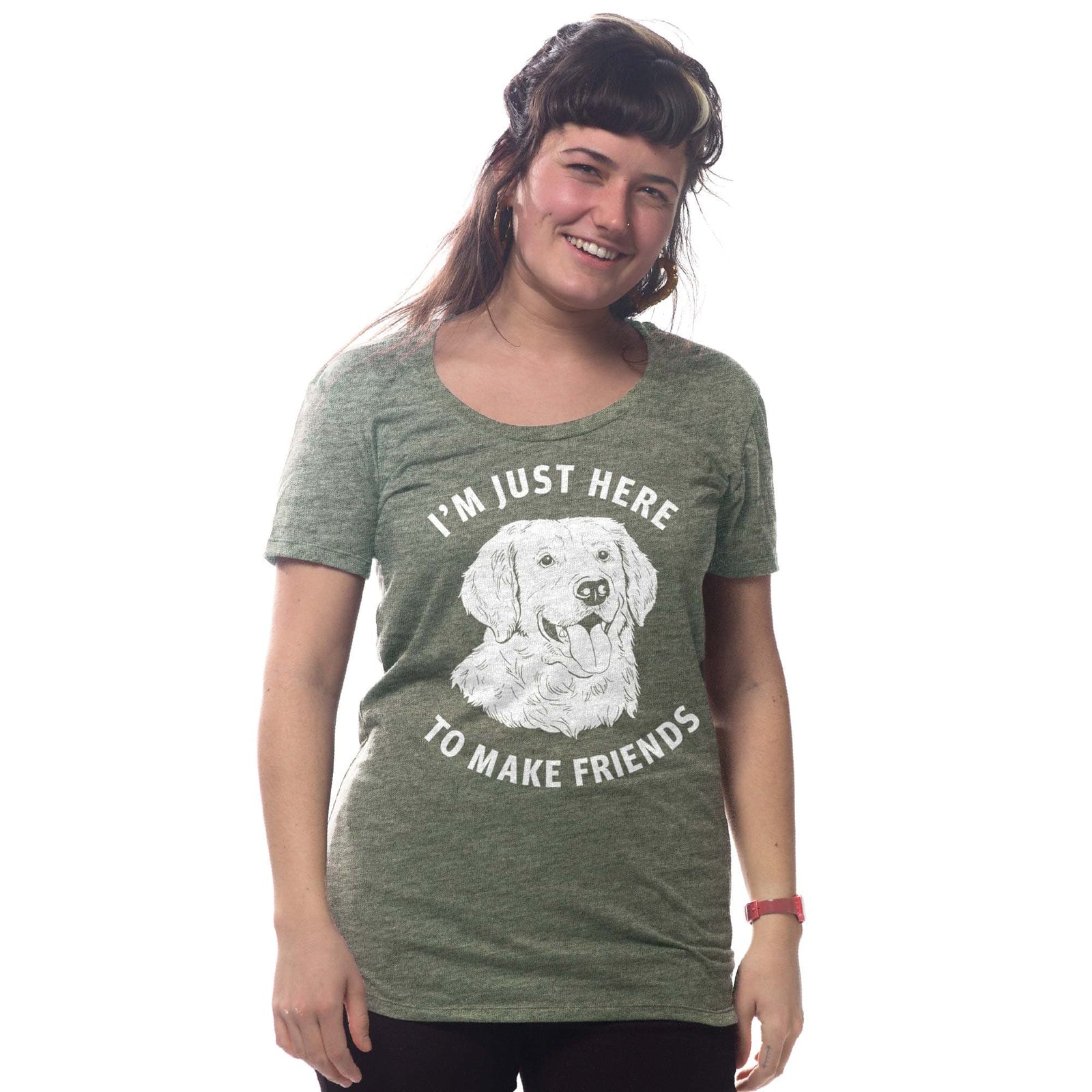 Women's Just Make Friends Funny Graphic T-Shirt | Retro Retriever Smiling Tee On Model | Solid Threads