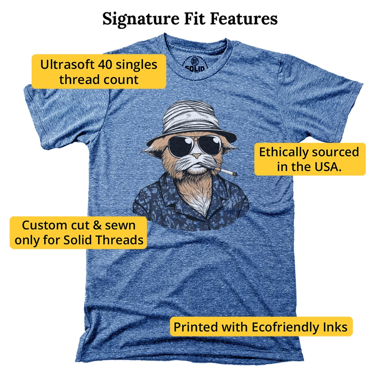 Hunter S. Tomcat Funny Signature T-shirt in Triblend Royal - Fit Attributes