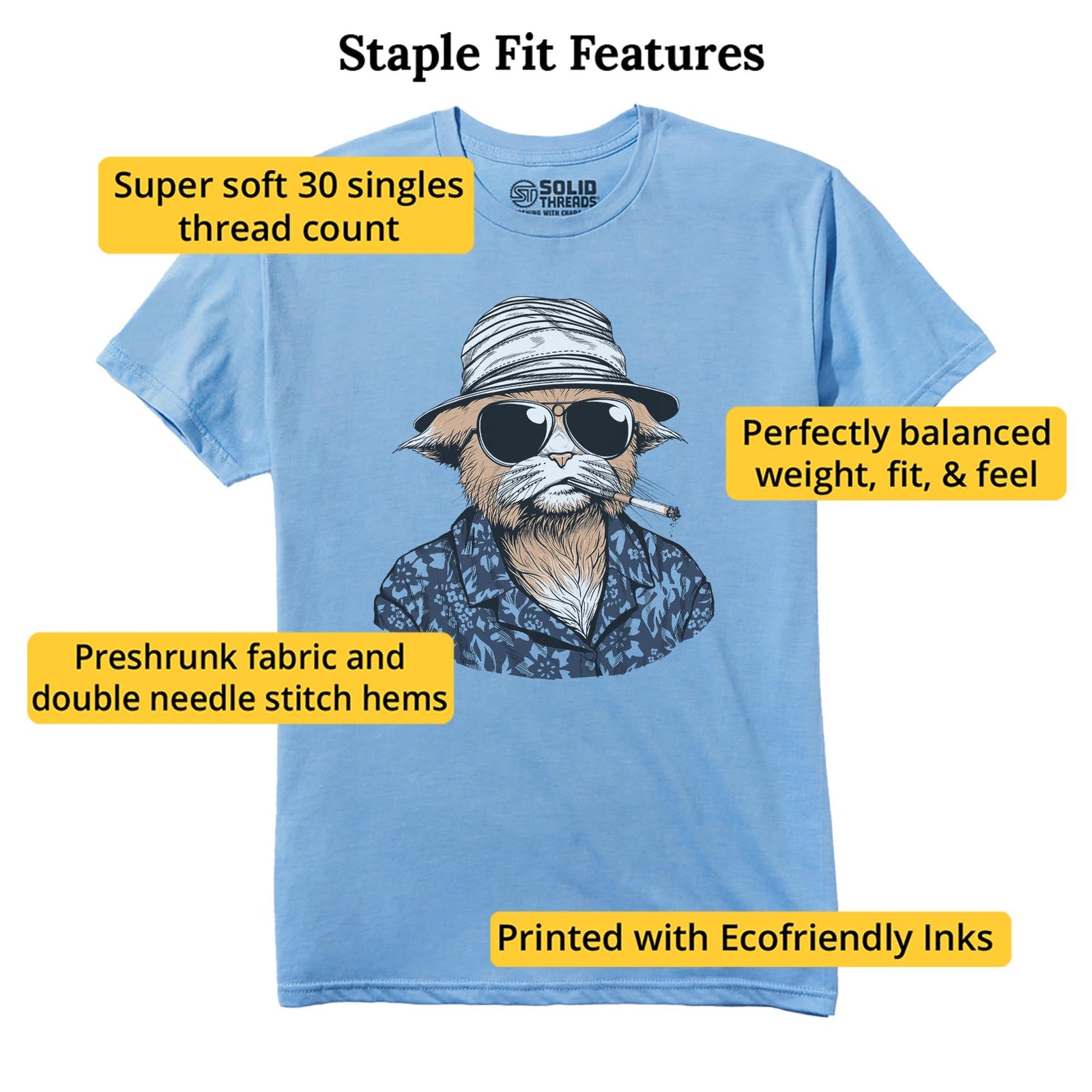 Hunter S. Tomcat Funny Staple T-shirt in Light Blue Heather - Fit Attributes